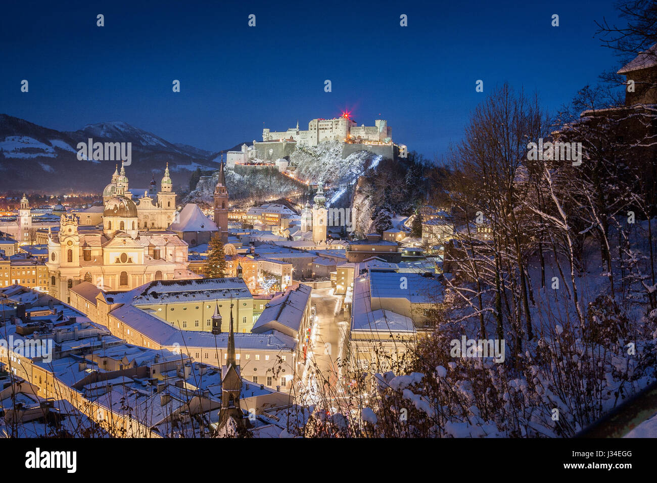 Beautiful view of the historic city of Salzburg with Festung Hohensalzburg in winter, Salzburger Land, Austria Stock Photo