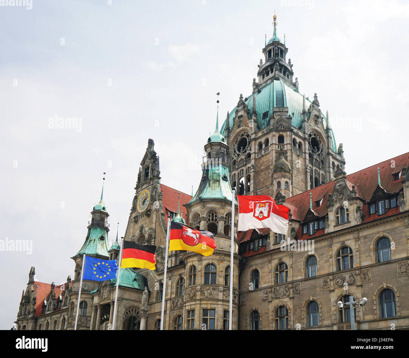 New City Hall in Hannover Germany with flags Stock Photo