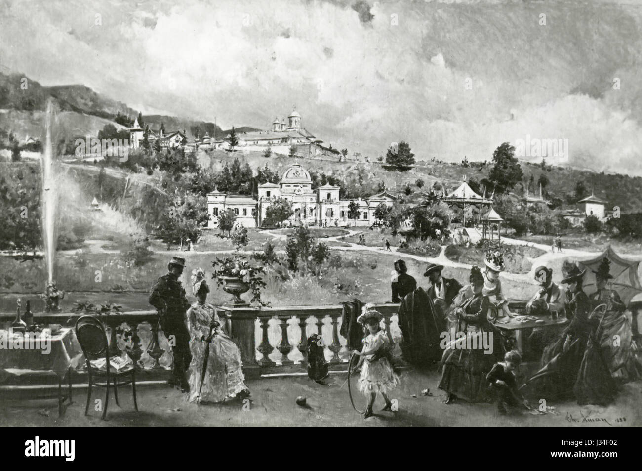 Painting of Sinaia, Romania in 1888 Stock Photo