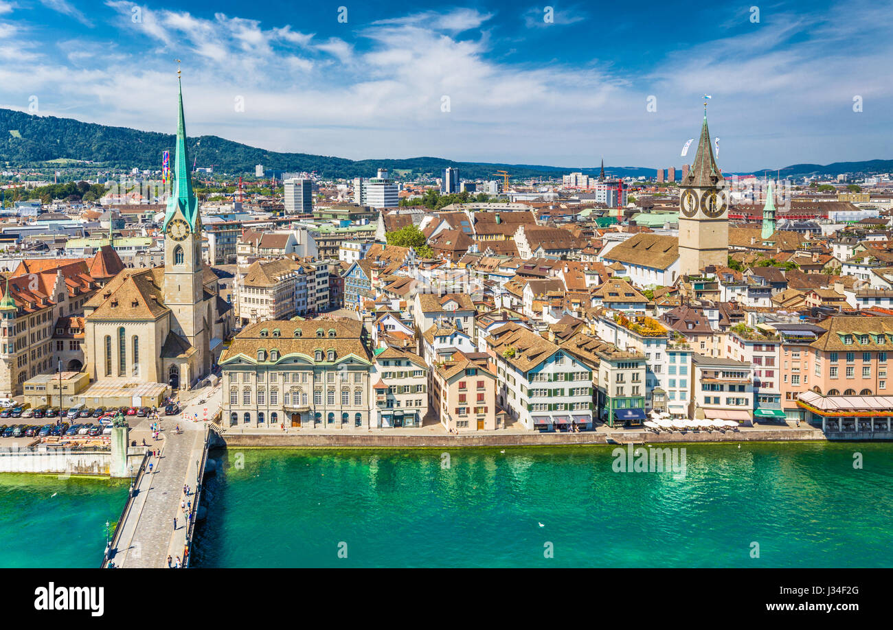 Aerial view of Zurich city center with famous Fraumunster Church and