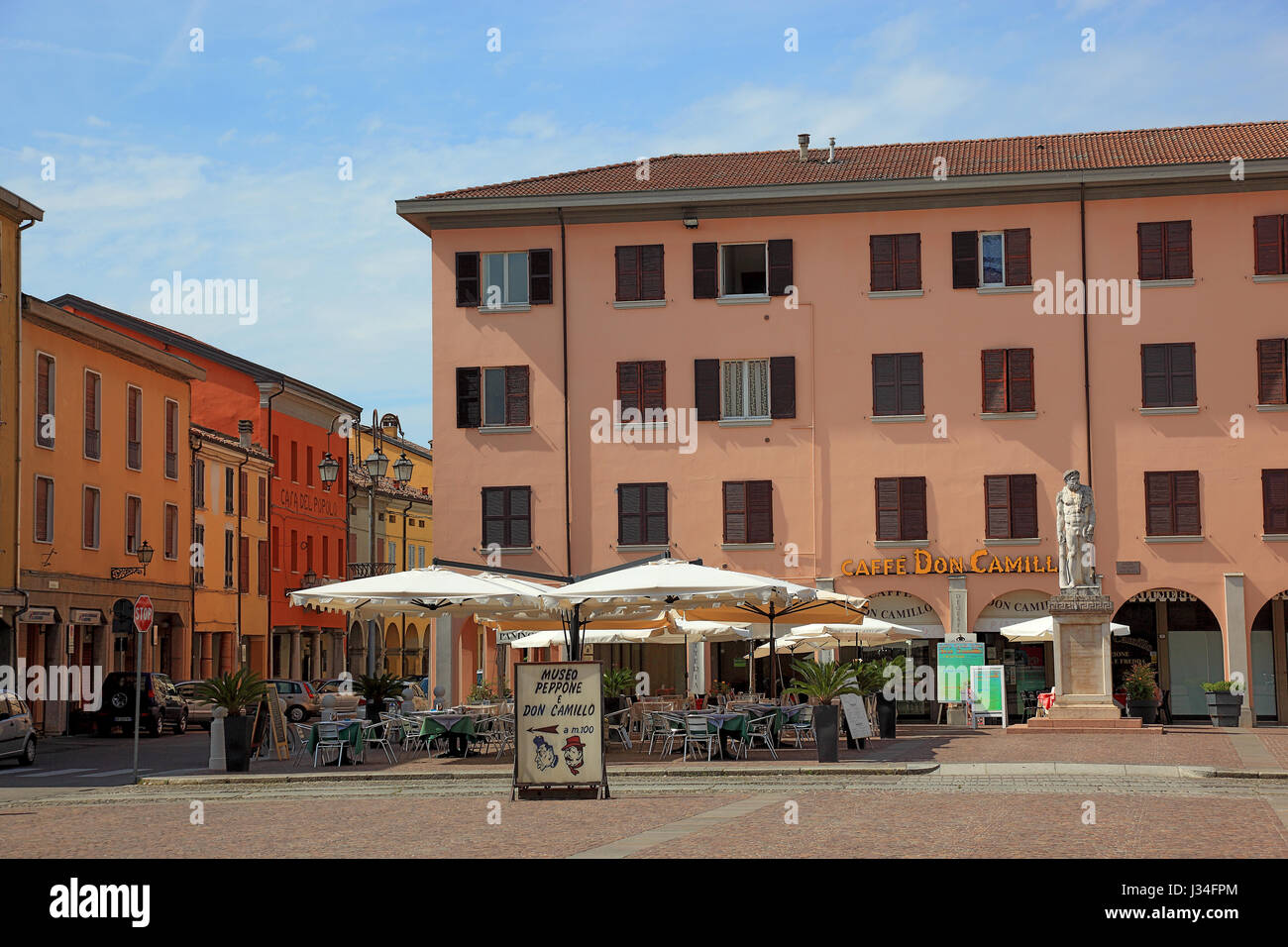 the cafe Don Camillo at the market square, Brescello, Province of Reggio Emilia, Emilia-Romagna, Italy Stock Photo
