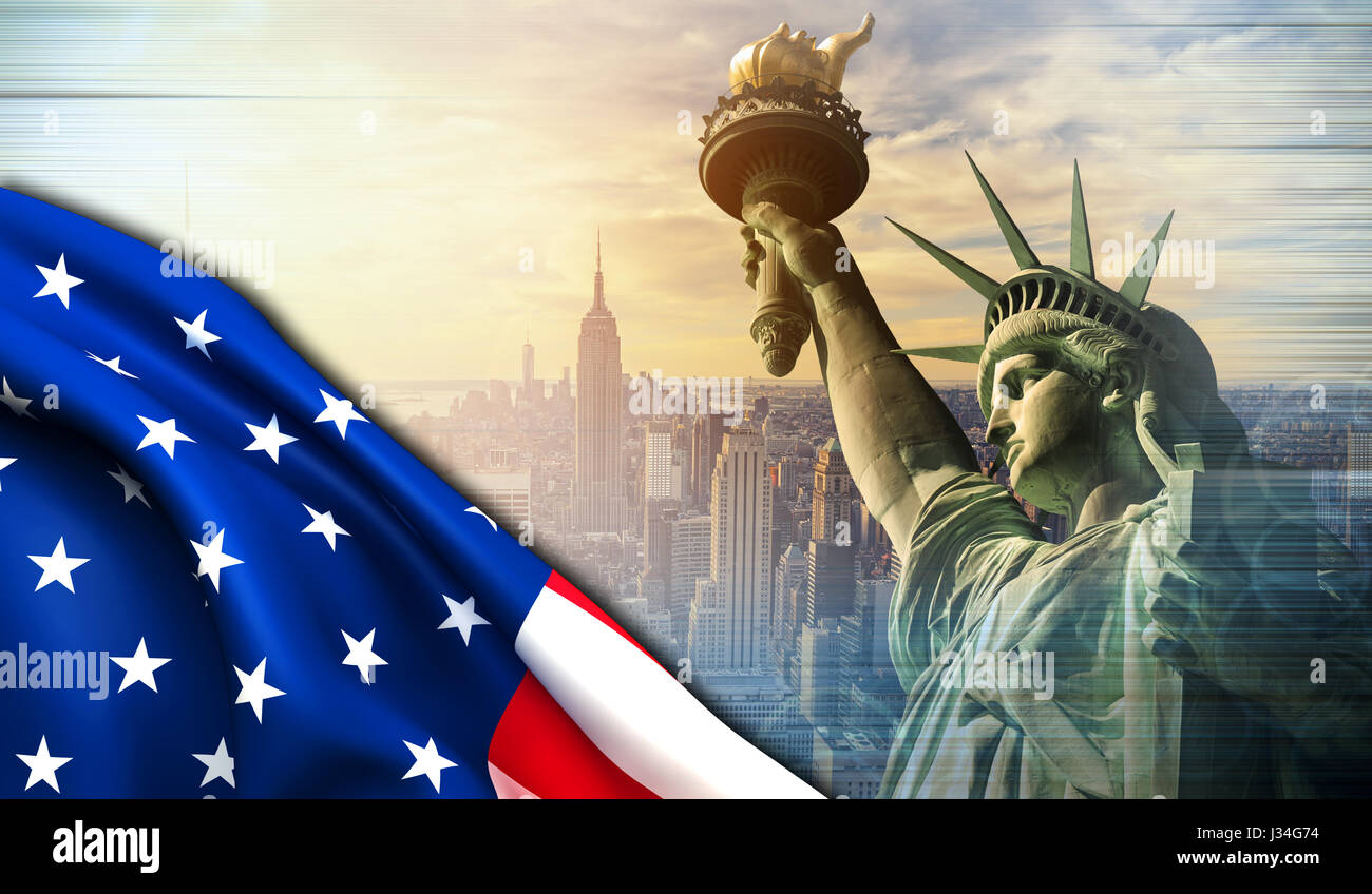 American flag with copyspace on New York city Stock Photo