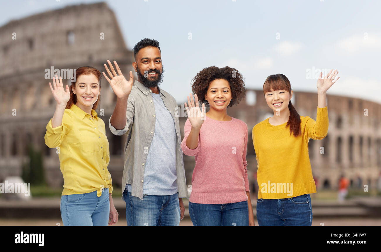 international group of happy people waving hands Stock Photo - Alamy