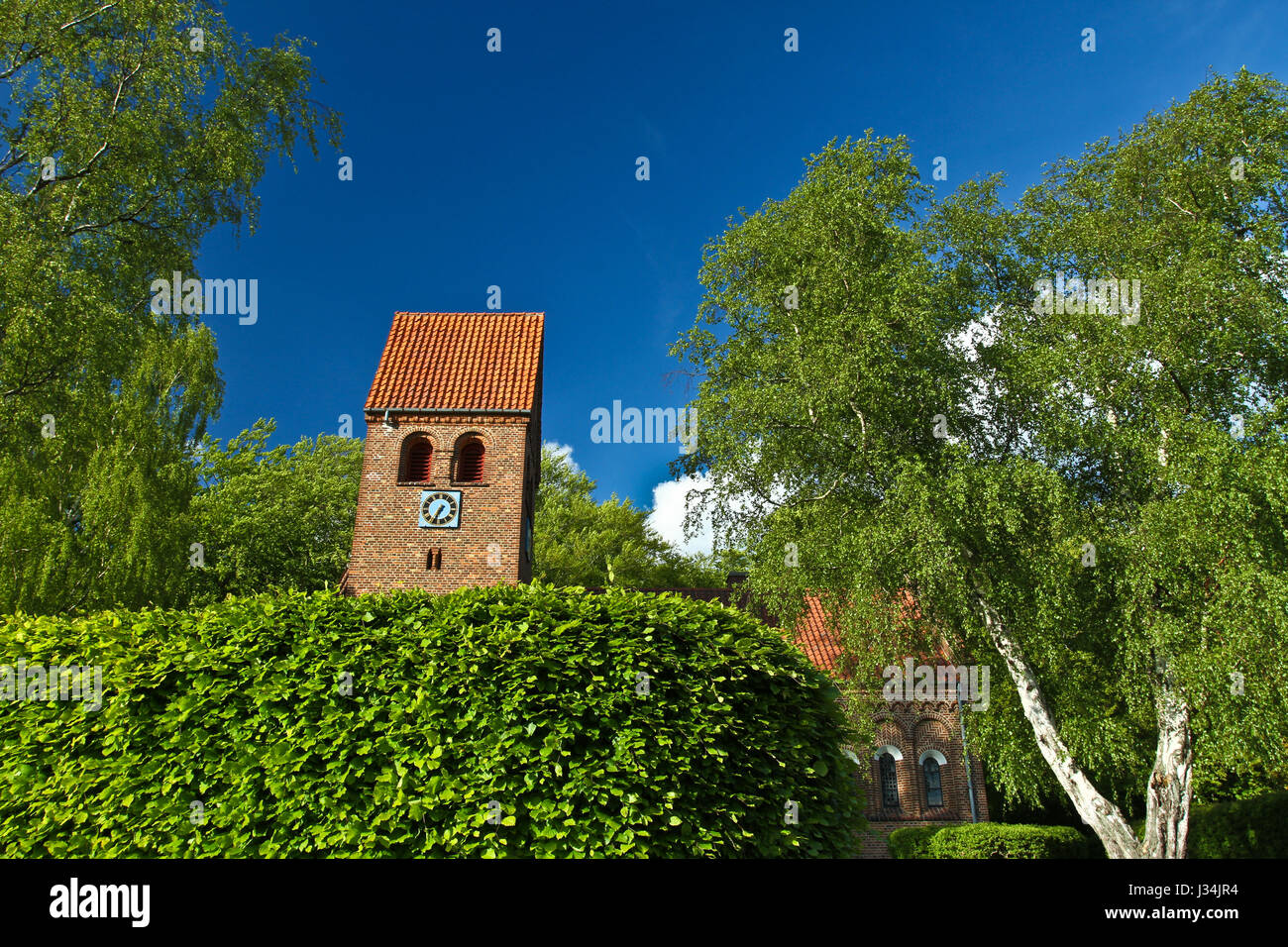 Church in Dennmark in a nature landscape with rapse Stock Photo