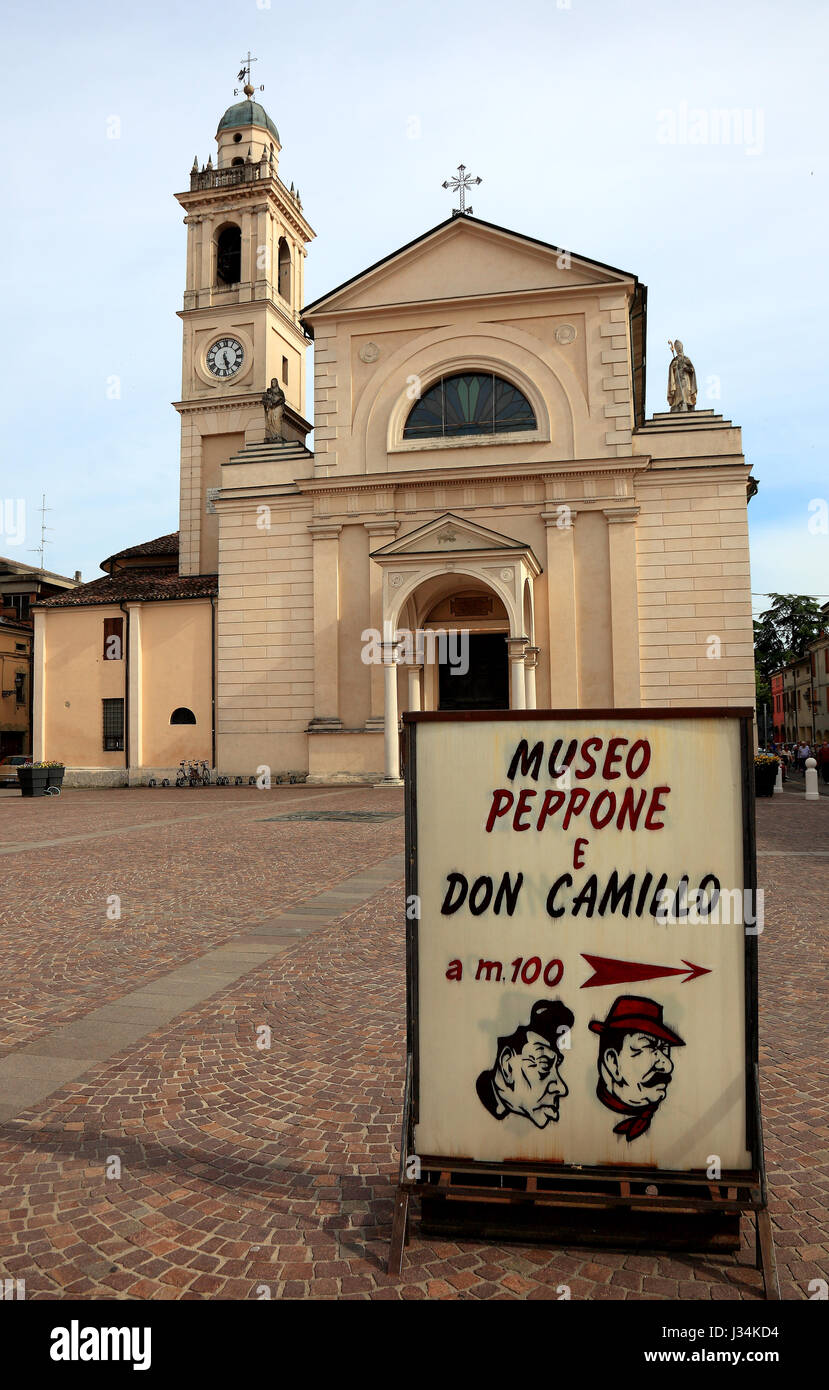 Advertising for the museum of Don Camillo and Peppone, Brescello, Province of Reggio Emilia, Emilia-Romagna, Italy Stock Photo