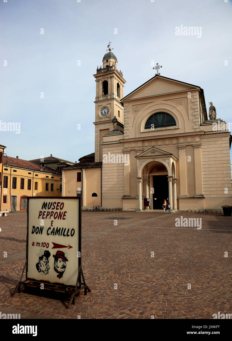 Advertising for the museum of Don Camillo and Peppone, Brescello, Province of Reggio Emilia, Emilia-Romagna, Italy Stock Photo