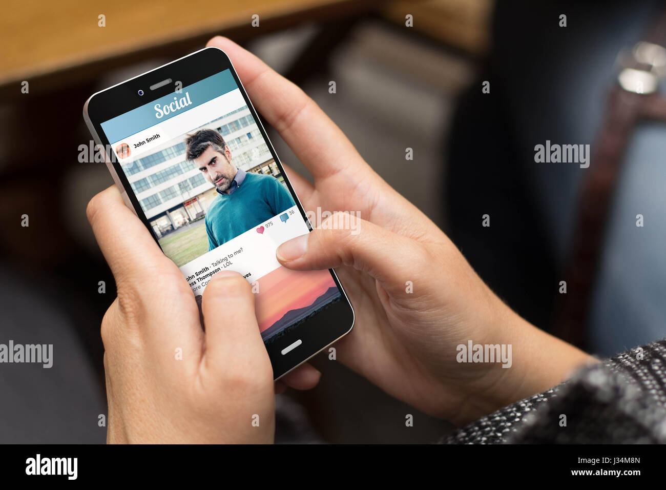 mobile design concept: girl using a digital generated phone with social photo network on the screen. All screen graphics are made up. Stock Photo