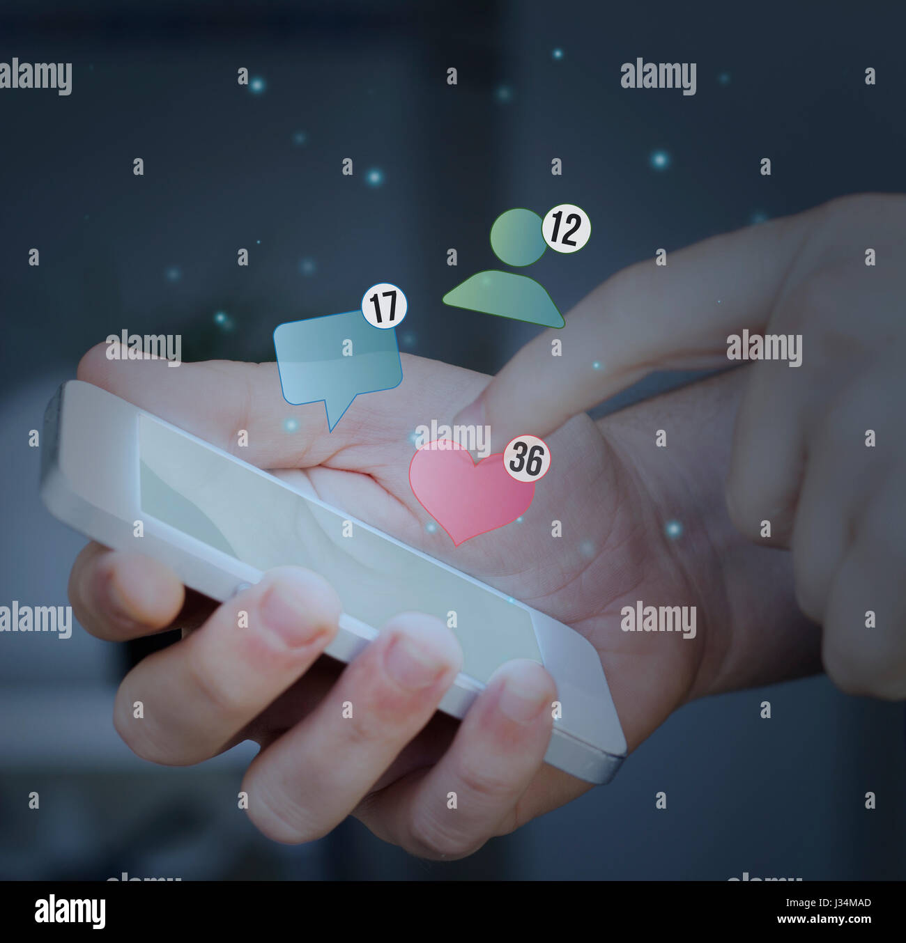Finger touching a smartphone screen. social stats concept. Stock Photo