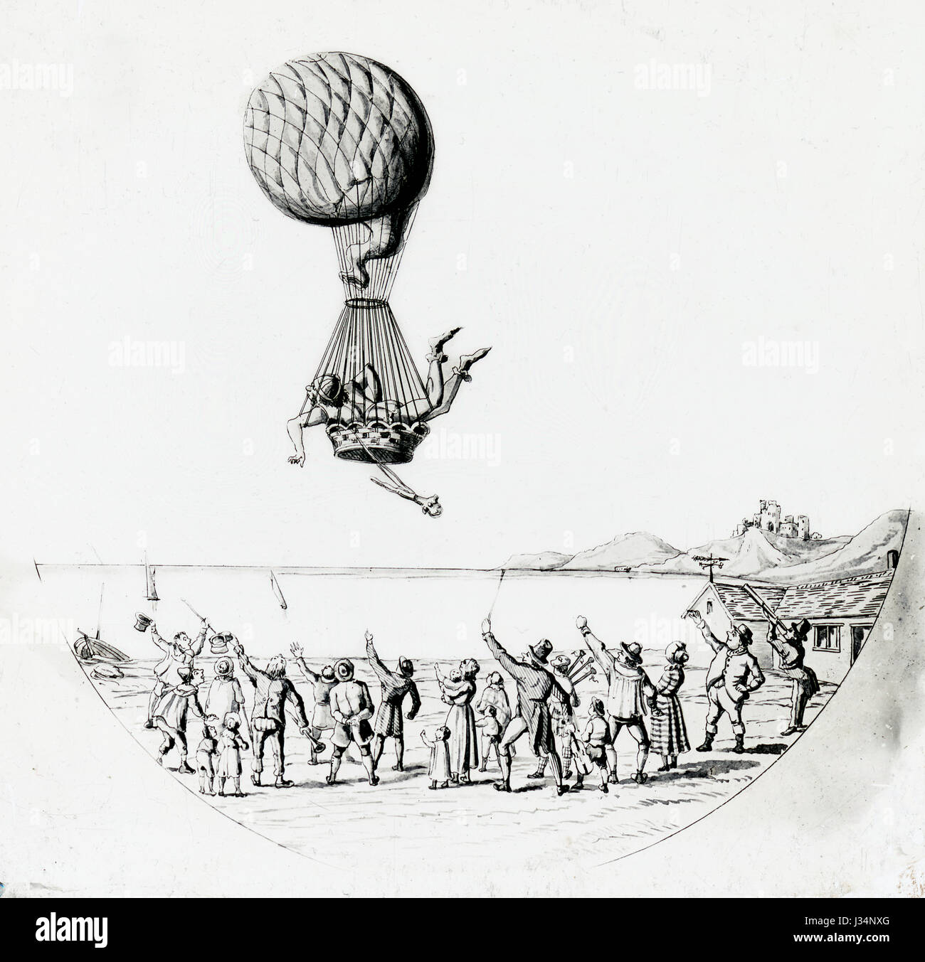 Antique c1800 image, a man taking flight in a hot air balloon, the stake and cord trailing behind, as the crowd cheers. SOURCE: LATER GENERATION PHOTOGRAPH. Stock Photo