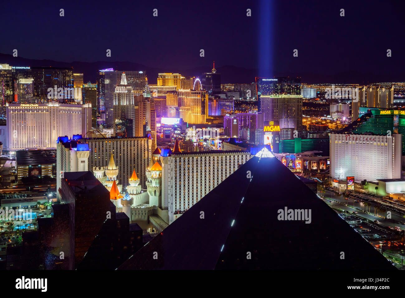 Las Vegas, APR 29: Superb night aerial view of Strip, Las Vegas and Casinos on APR 29, 2017 at Skyfall Loung, Mandaly Bay, Nevada Stock Photo