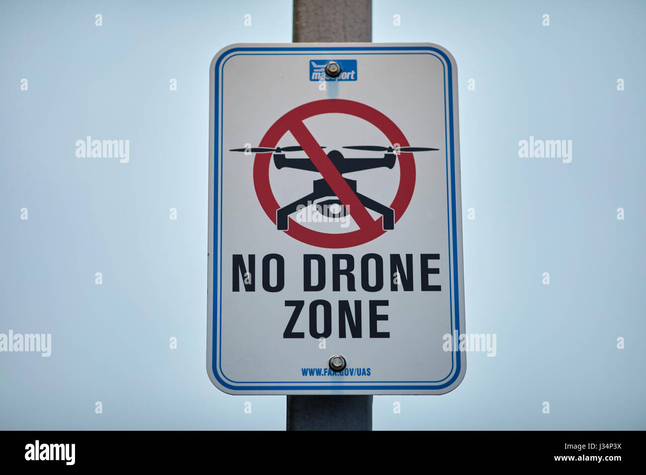 No Drone Zone sign atIn East Boston At Logan Airport  Massachusetts, United States, USA, Stock Photo