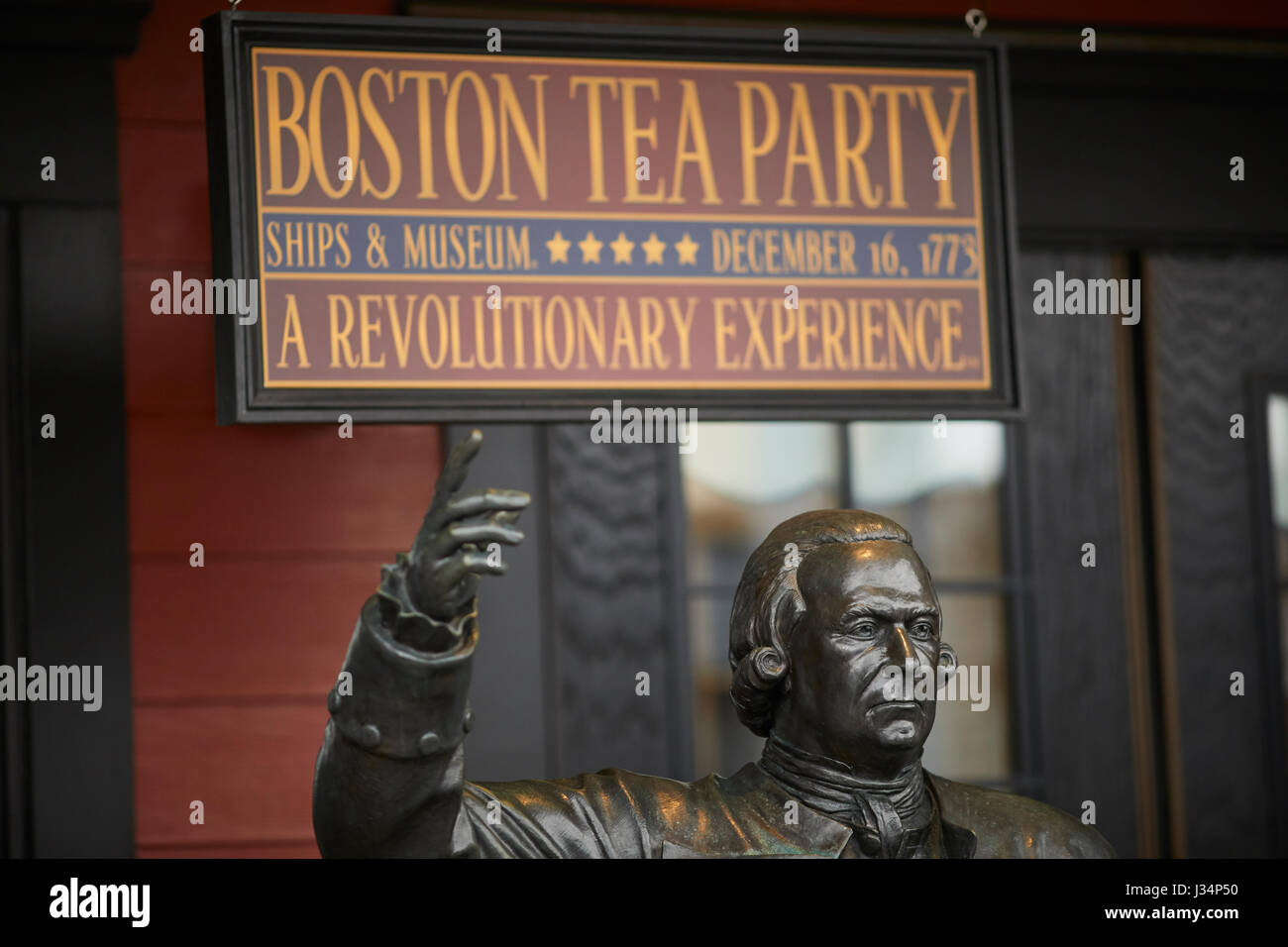 Statue of Samuel Adams outside Boston Tea Party, Ships and Muesum, Boston Massachusetts, United States, USA, Stock Photo