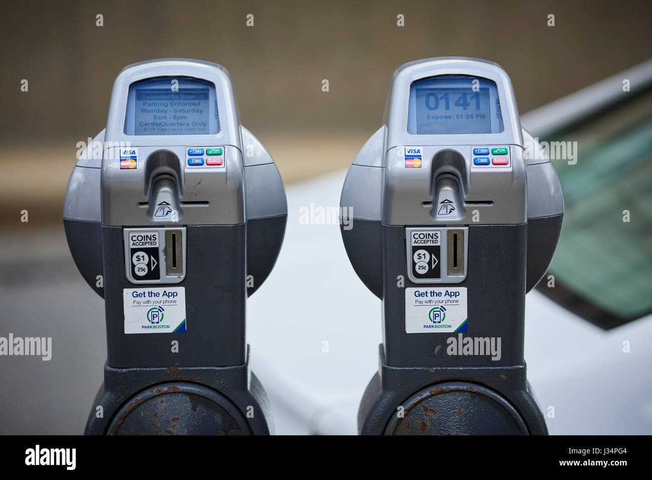 Meter parking meters credit card and coins,  Boston, Massachusetts, United States, USA, Stock Photo