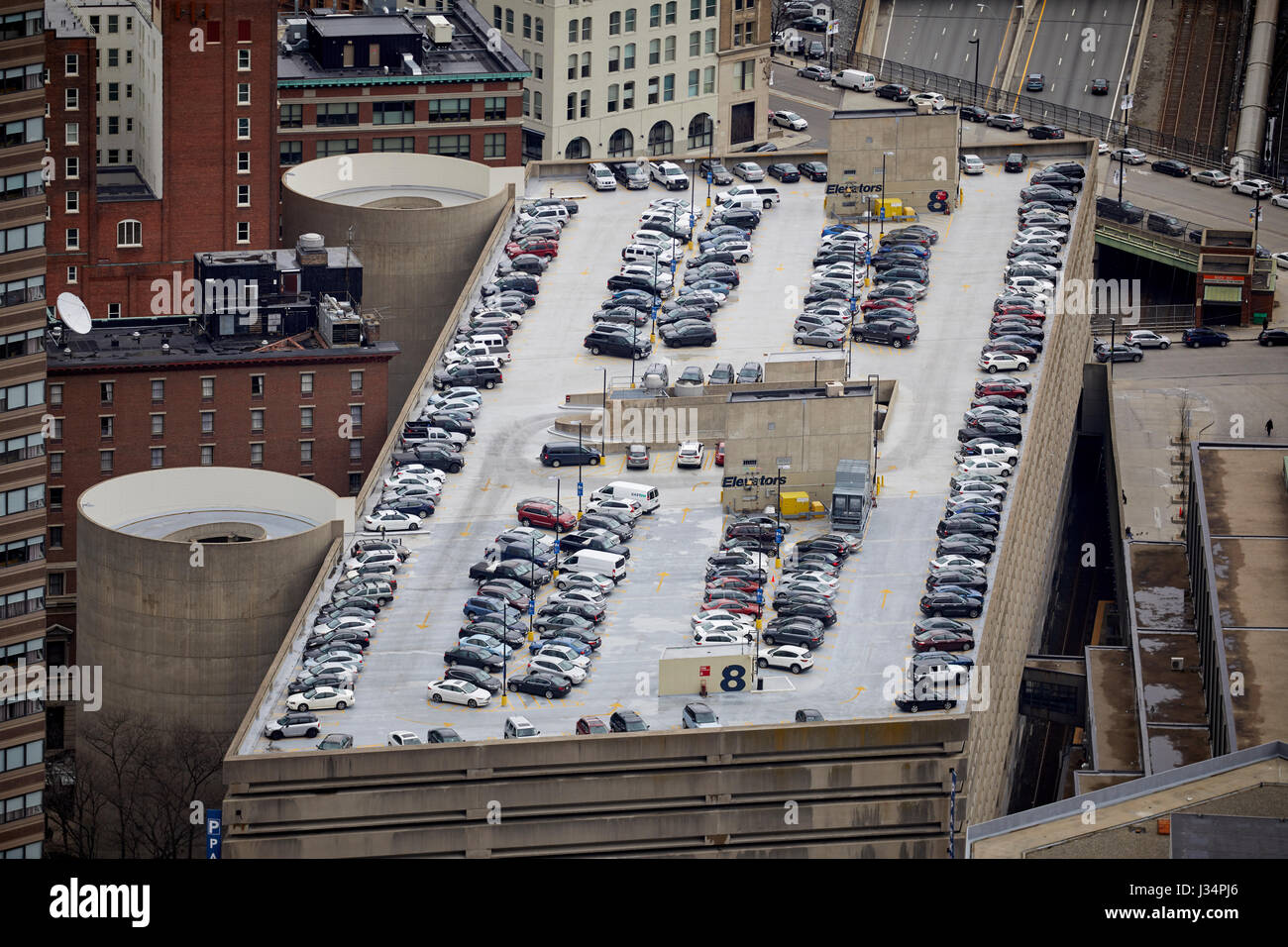 Urban rooftop carpark in  Boston  Massachusetts, United States, USA, Stock Photo