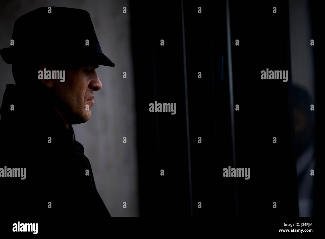 Boston mysterious man in hat at Prudential Tower, Skywalk Observatory  Massachusetts, United States, USA, Stock Photo