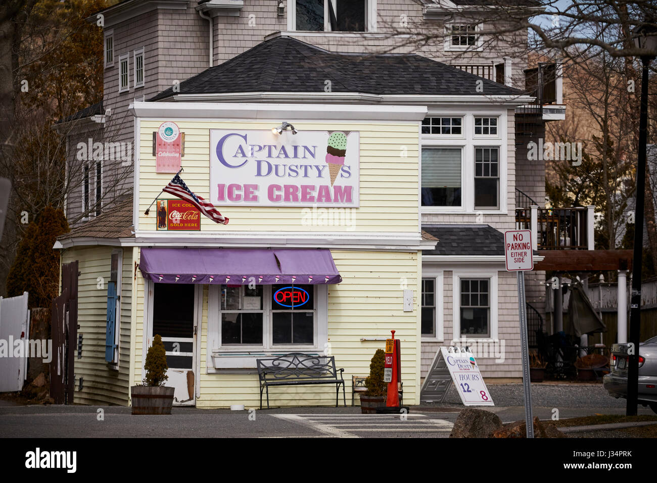 Captain Dusty's Ice cream shop near the  harbor  Manchester by the Sea, Boston, Massachusetts, United States, USA, Stock Photo