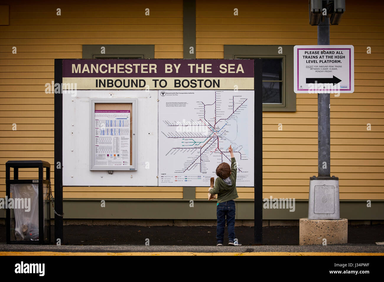 Sign map and timetable on the railroad station Manchester by the Sea, Boston, Massachusetts, United States, USA, Stock Photo