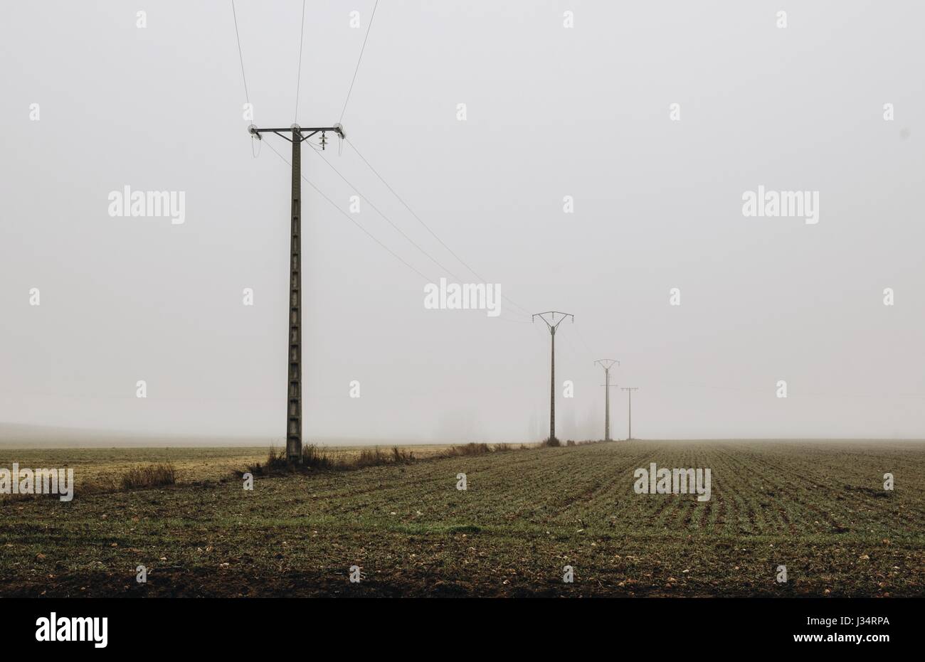 Electric lines in Spanish countryside, over the frozen crop fields, in