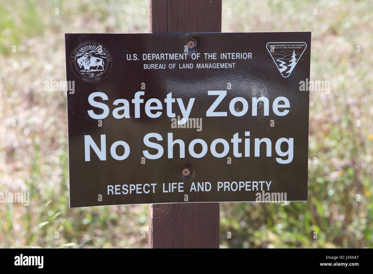 US Department of interior, Bureau of land management  Safety zone . No Shooting sign .Respect life and property. On the carrizo plain California USA Stock Photo