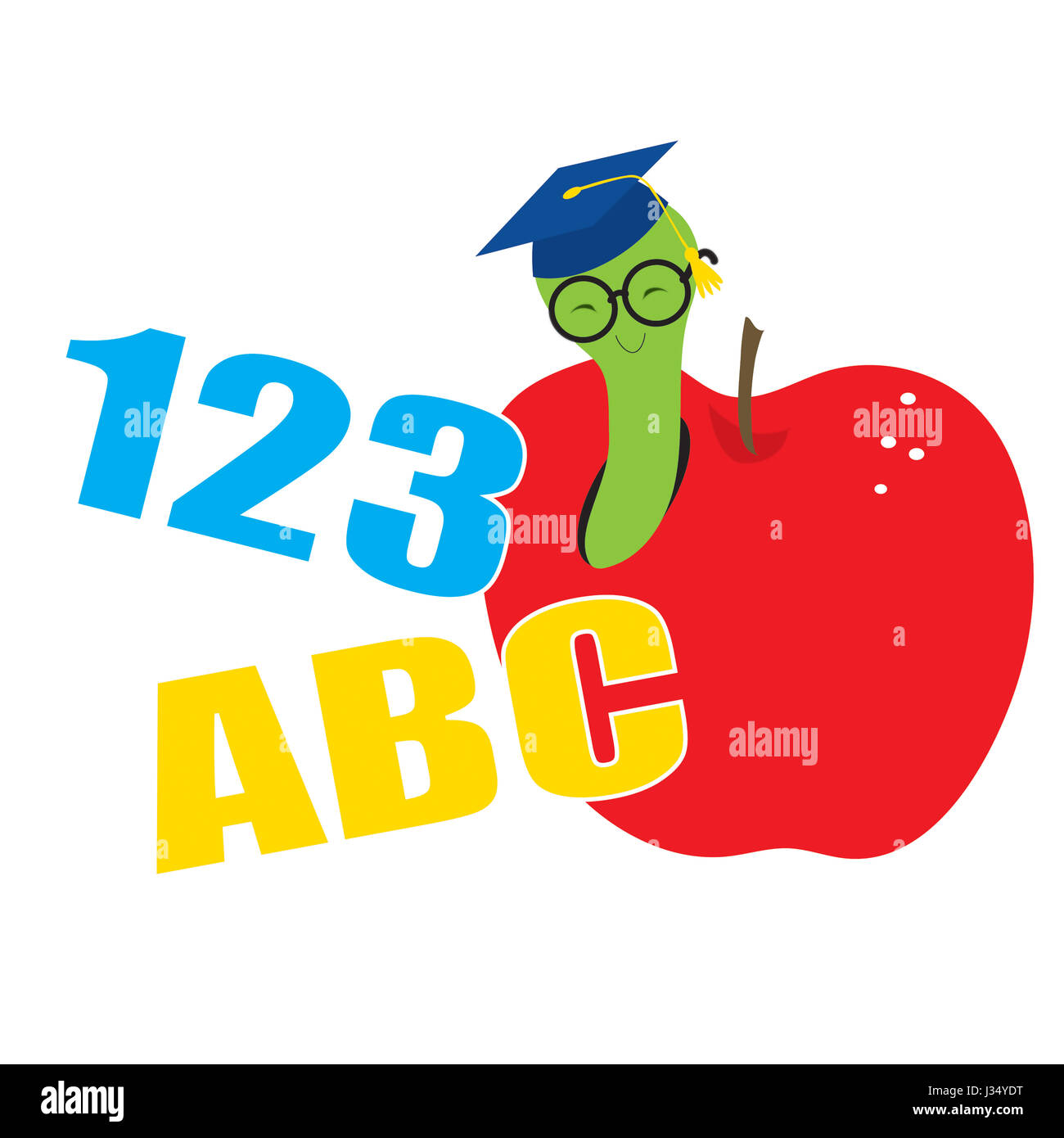 A worm wearing a mortar board and glasses is peeking out of an apple  Numbers and letters are included in the design Stock Photo