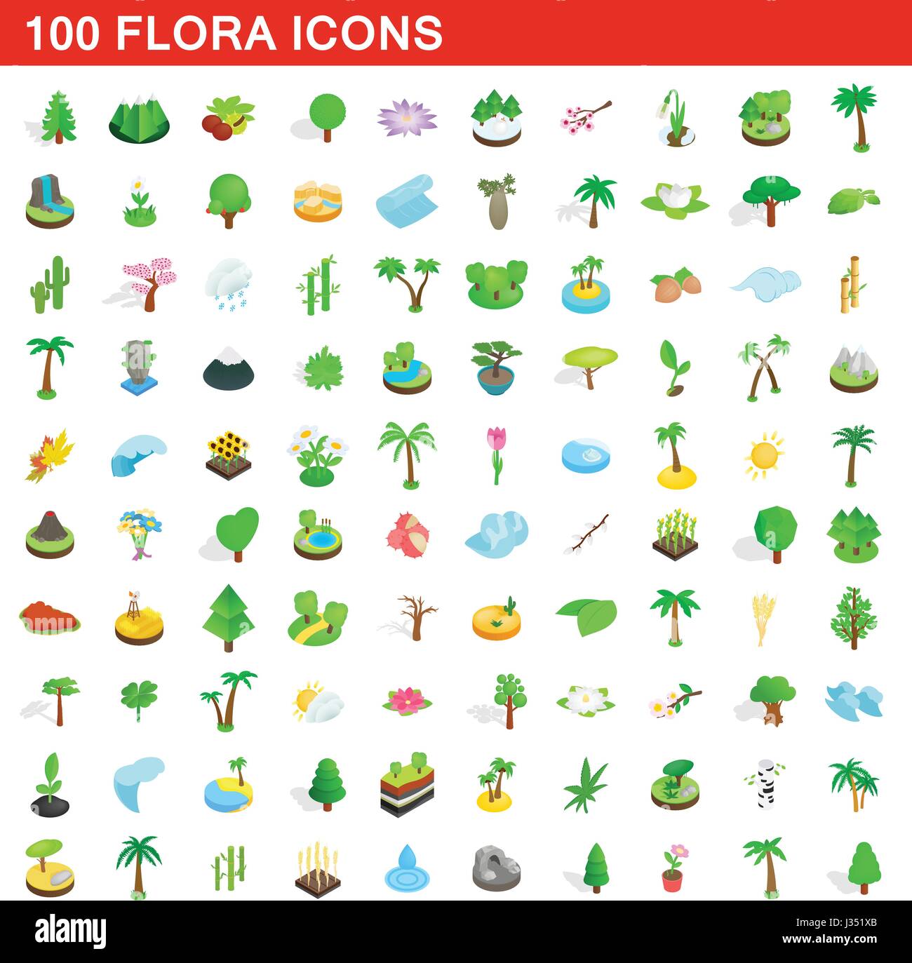 100 flora icons set, isometric 3d style Stock Vector