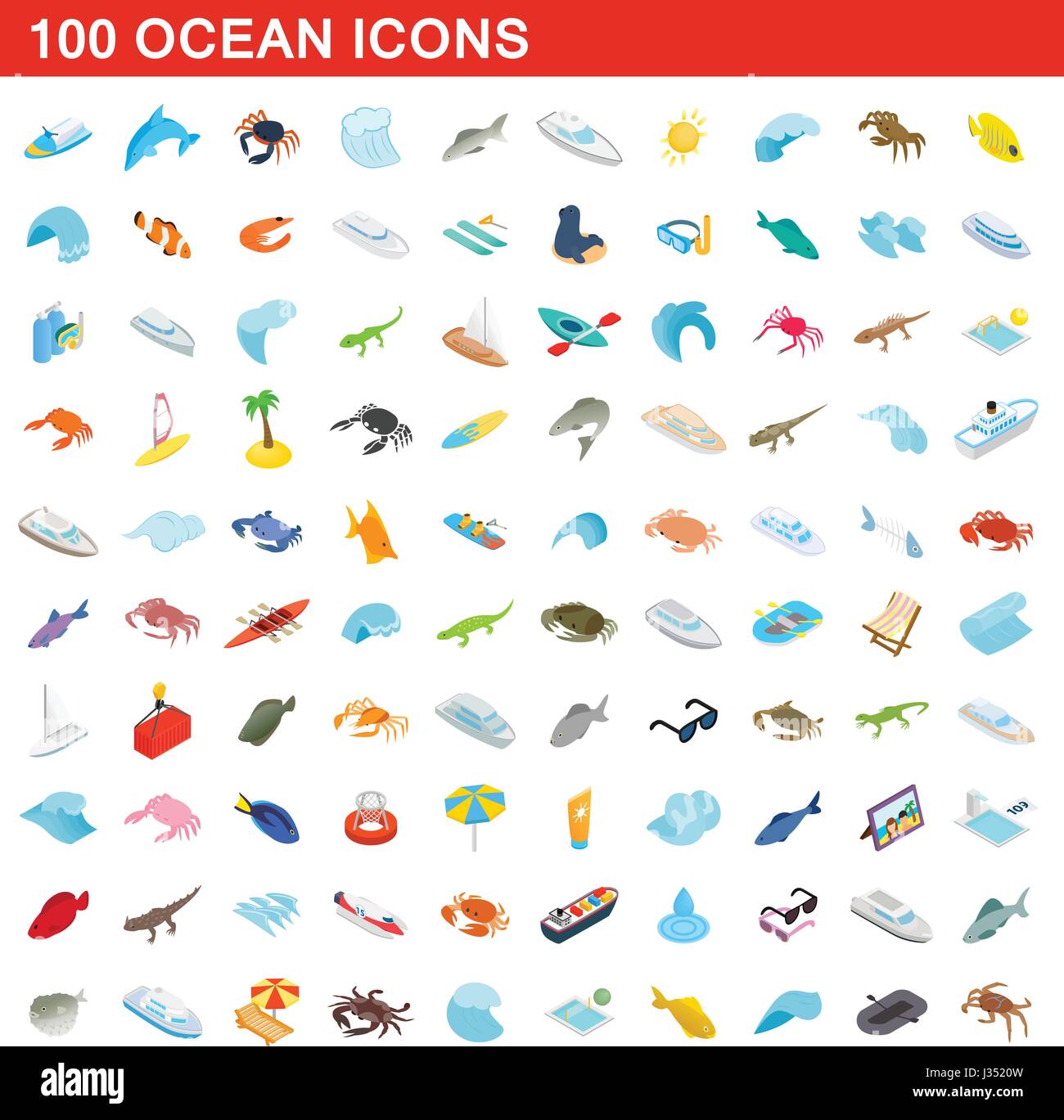 100 ocean icons set, isometric 3d style Stock Vector