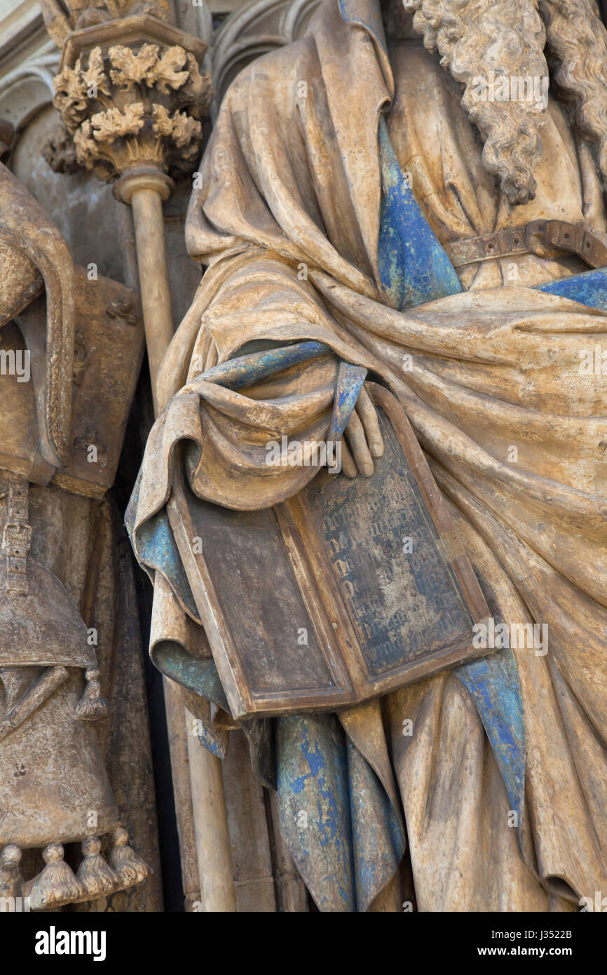 Moses holding the Ten Commandments depicted on the Well of Moses by Dutch Renaissance sculptor Claus Sluter in the Chartreuse de Champmol in Dijon, Burgundy, France. Stock Photo