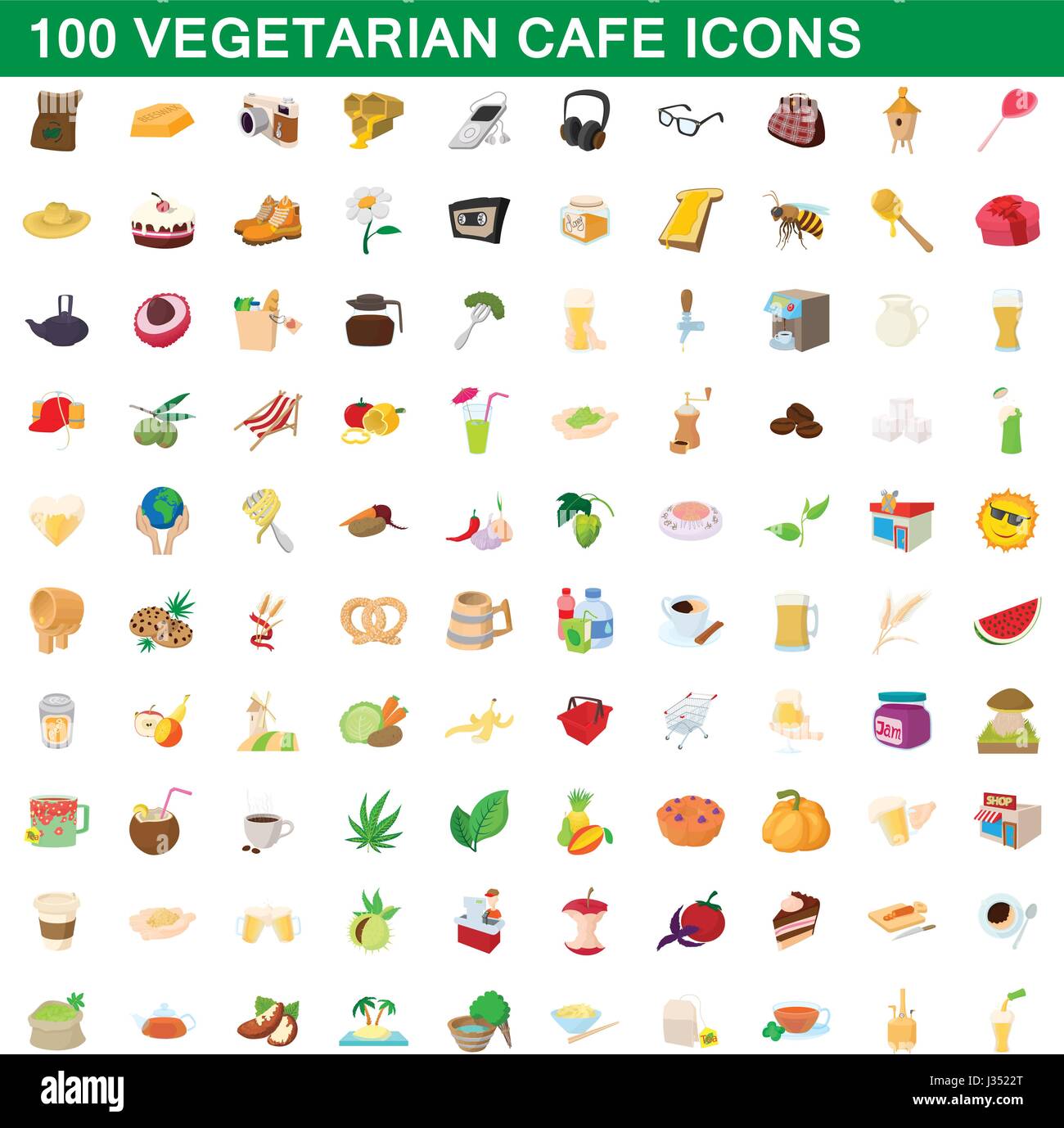 100 vegetarian cafe icons set, cartoon style Stock Vector Image & Art ...