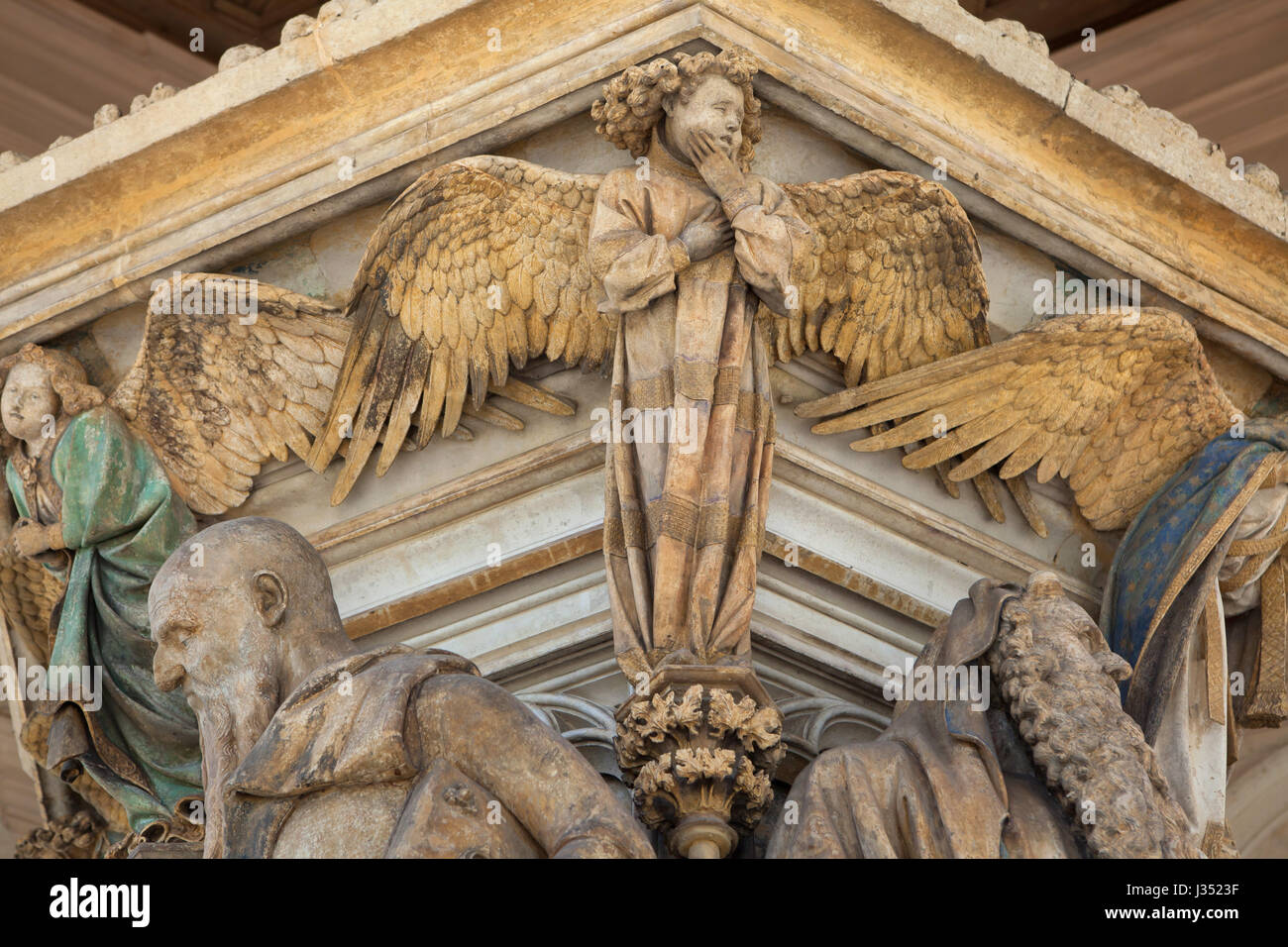 Morning angel, Isaiah the Prophet and Moses depicted on the Well of Moses by Dutch Renaissance sculptor Claus Sluter in the Chartreuse de Champmol in Dijon, Burgundy, France. Stock Photo