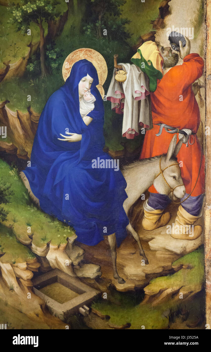 Flight into Egypt. Painting by Flemish Renaissance painter Melchior Broederlam (1398) on the right wing of the Altarpiece of the Crucifixion from the Chartreuse de Champmol by Flemish Renaissance sculptor Jacques de Baerze (1399) on display in the Musee des Beaux-Arts de Dijon (Museum of Fine Arts) in Dijon, Burgundy, France. Stock Photo