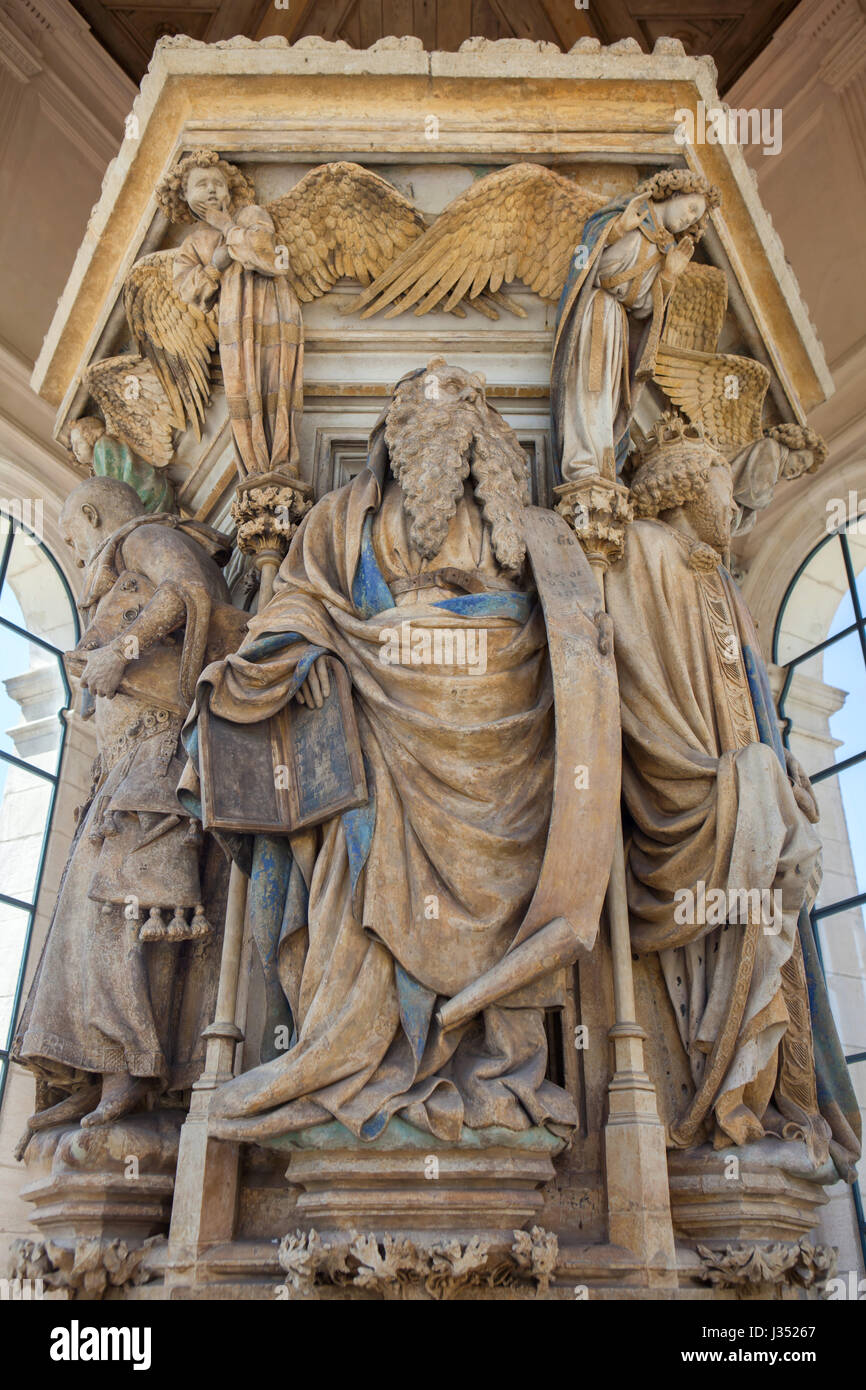 Moses depicted on the Well of Moses by Dutch Renaissance sculptor Claus Sluter in the Chartreuse de Champmol in Dijon, Burgundy, France. Stock Photo