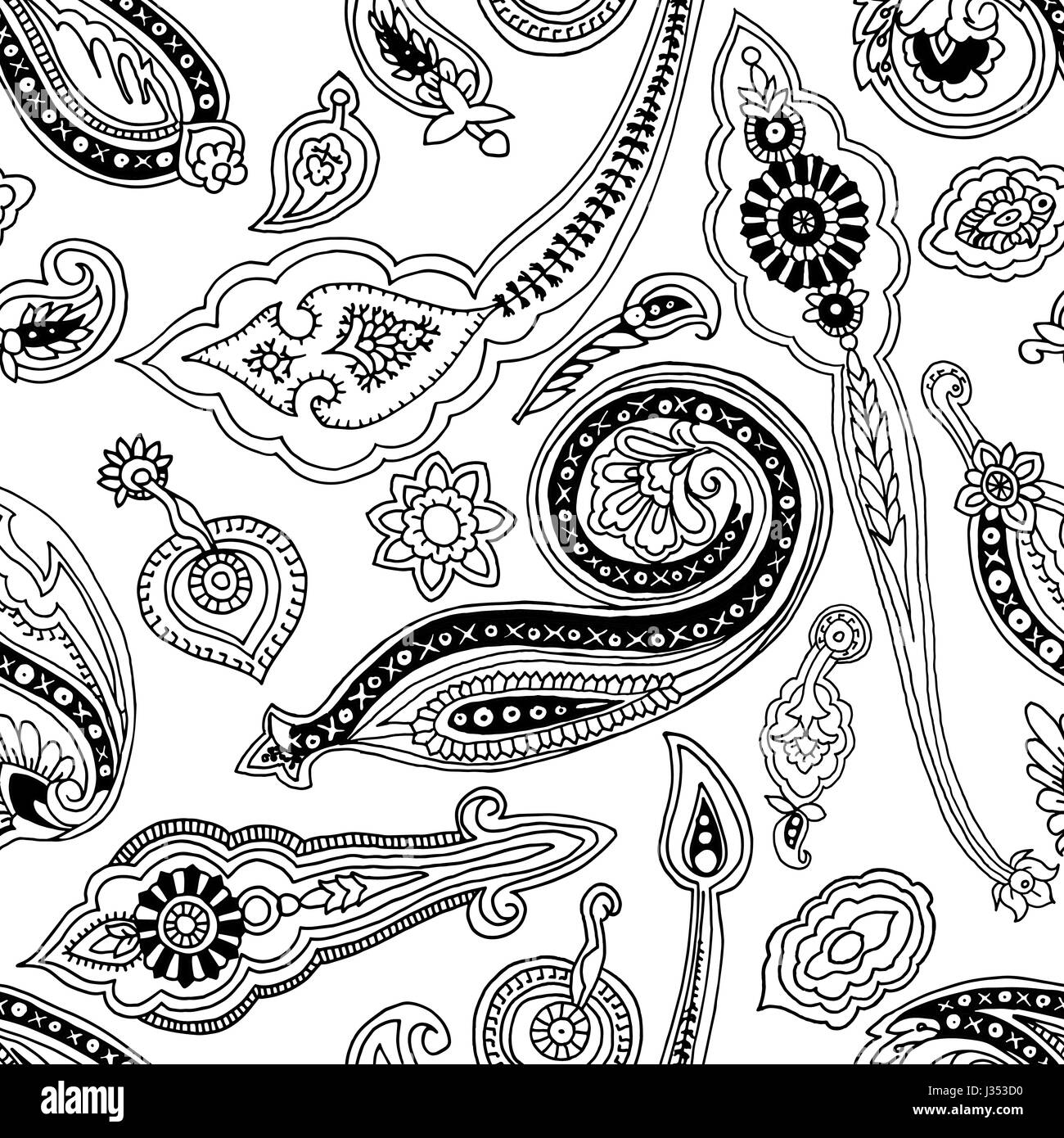 Seamless abstract geometric paisley pattern. Traditional oriental ethnic ornament, black outlines on white background. Textile design. Stock Vector