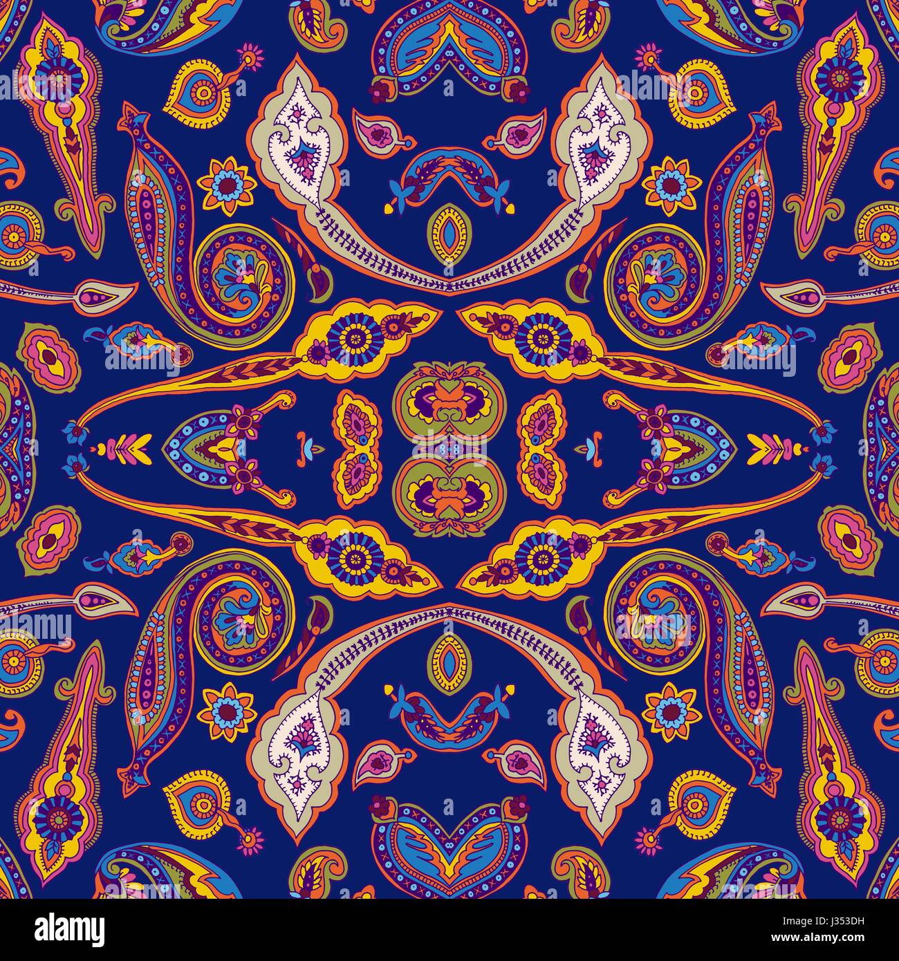Seamless abstract geometric kaleidoscope paisley pattern. Traditional oriental ethnic ornament, on indigo blue background. Textile design. Stock Vector