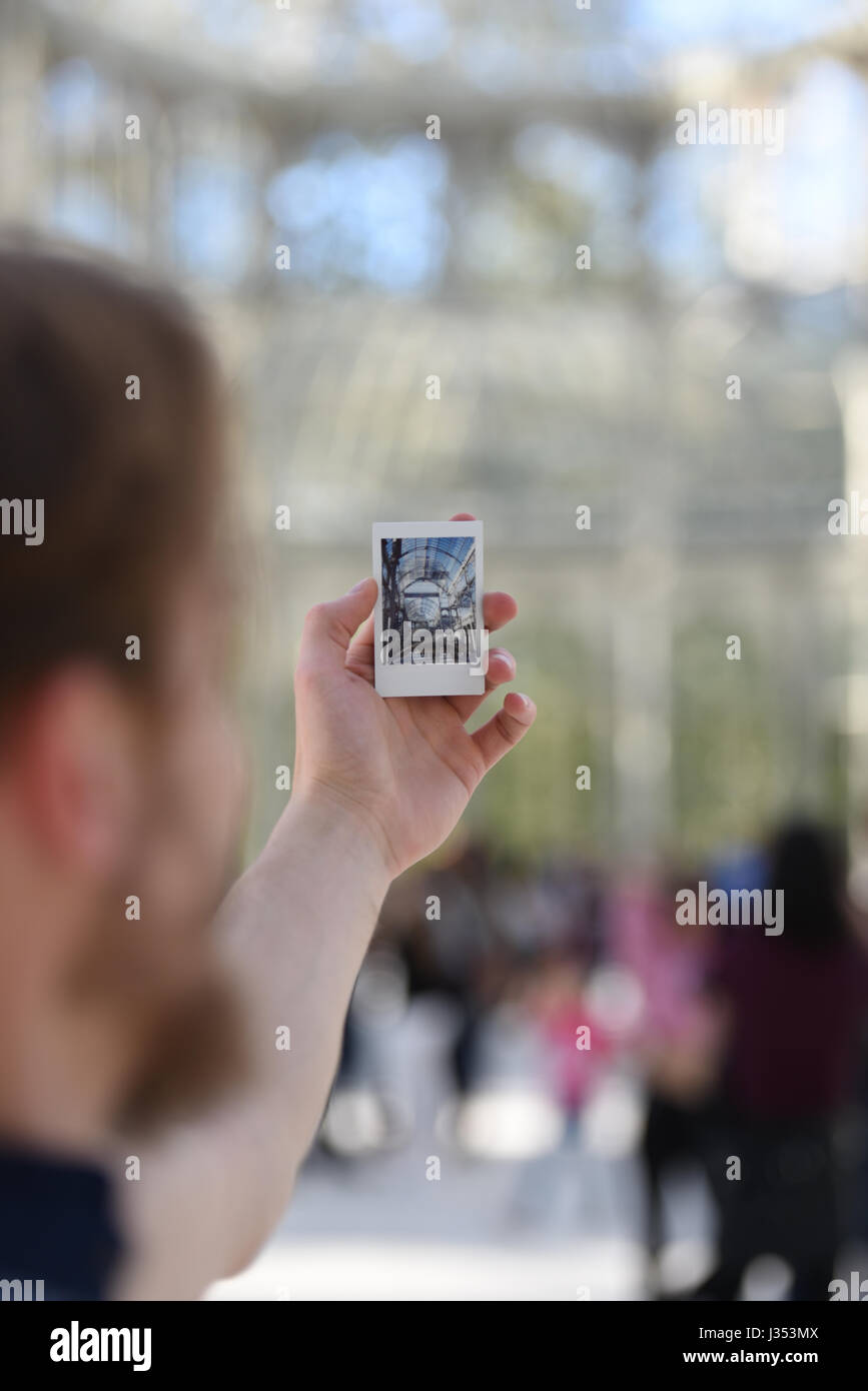 Polaroid in The Palacio de Cristal is a glass and metal structure located in Madrid s Buen Retiro Park. It was built in 1887 to exhibit flora fauna Stock Photo Alamy
