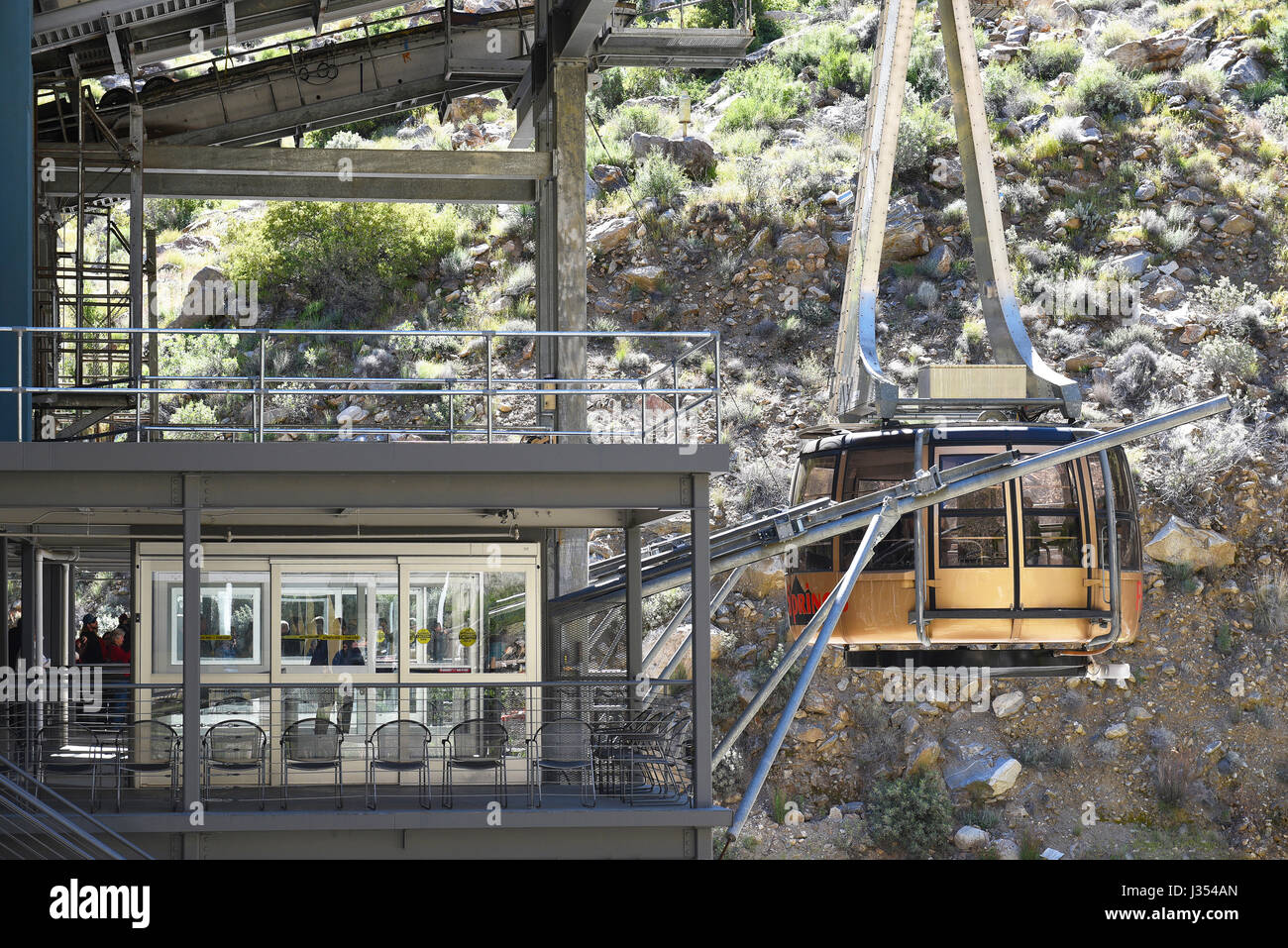PALM SPRINGS, CALIFORNIA - MARCH 25, 2017: Palm Springs Aerial Tramway. Closeup of a tram car docking at the Valley Station. Stock Photo