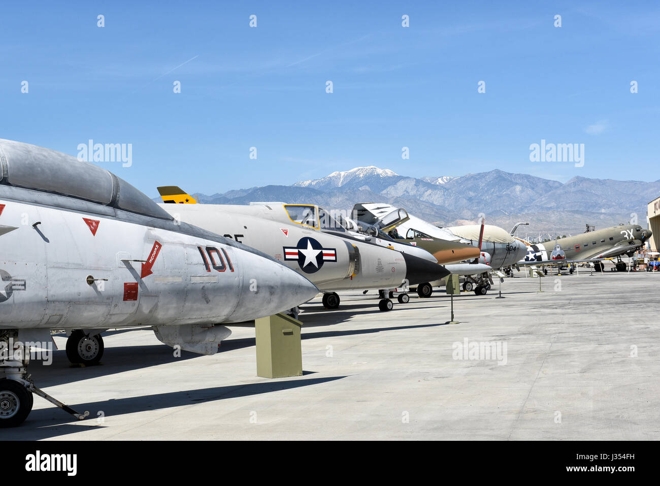 PALM SPRINGS, CALIFORNIA - MARCH 24, 2017: A line of vintage war planes at the Palm Springs Air Museum, Palm Springs, California, USA Stock Photo