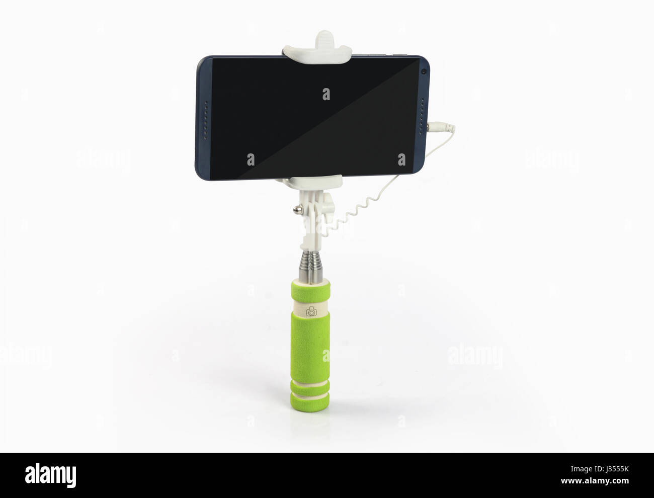 Selfie Stick with Mobile Phone Isolated on White Background Stock Photo