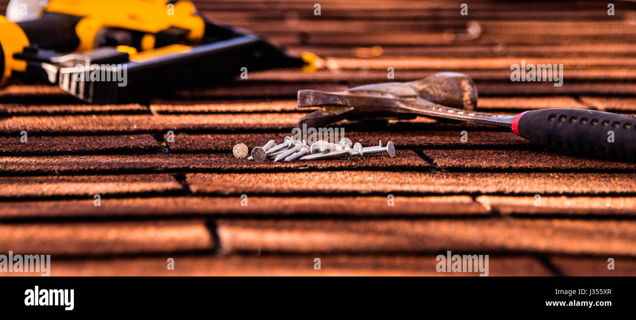 roof shingles, roofing tool/ installation Stock Photo Alamy