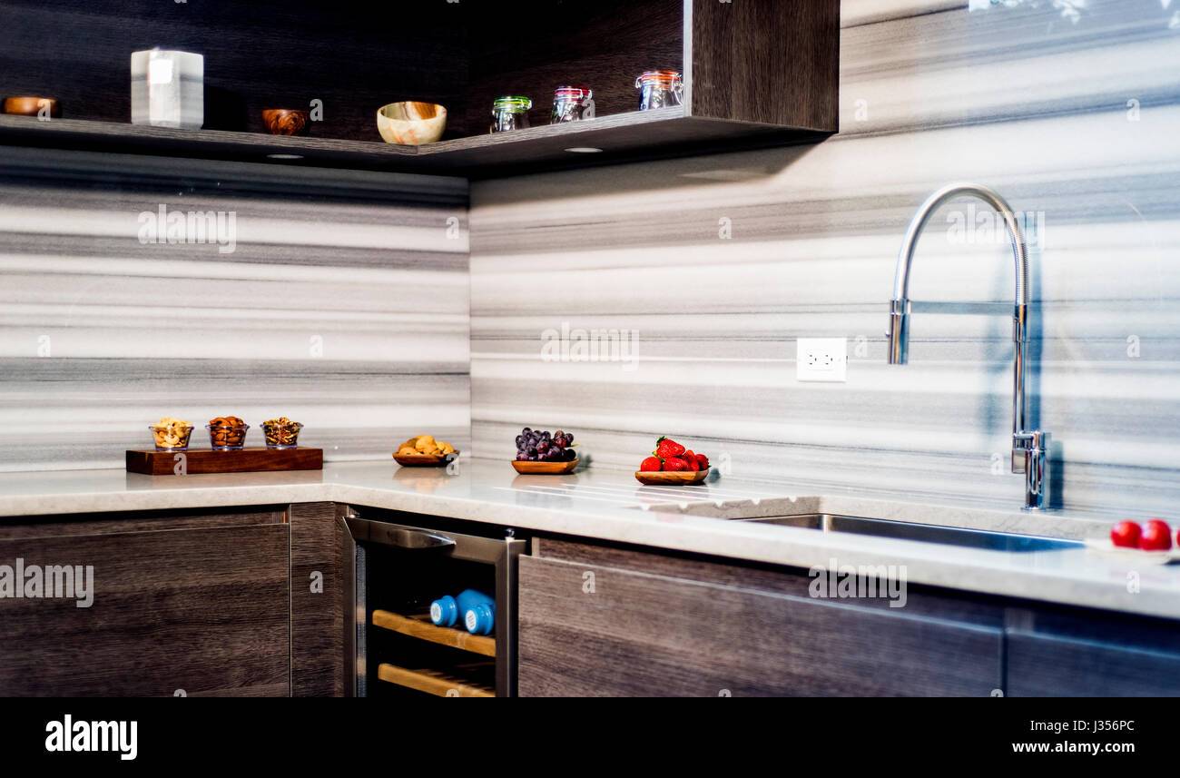 modern kitchen design, ideas of kitchen interior design with wooden cabinets Stock Photo