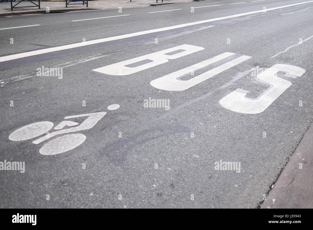 Traffic signs Bus lanes and parking road markings Stock Photo Alamy