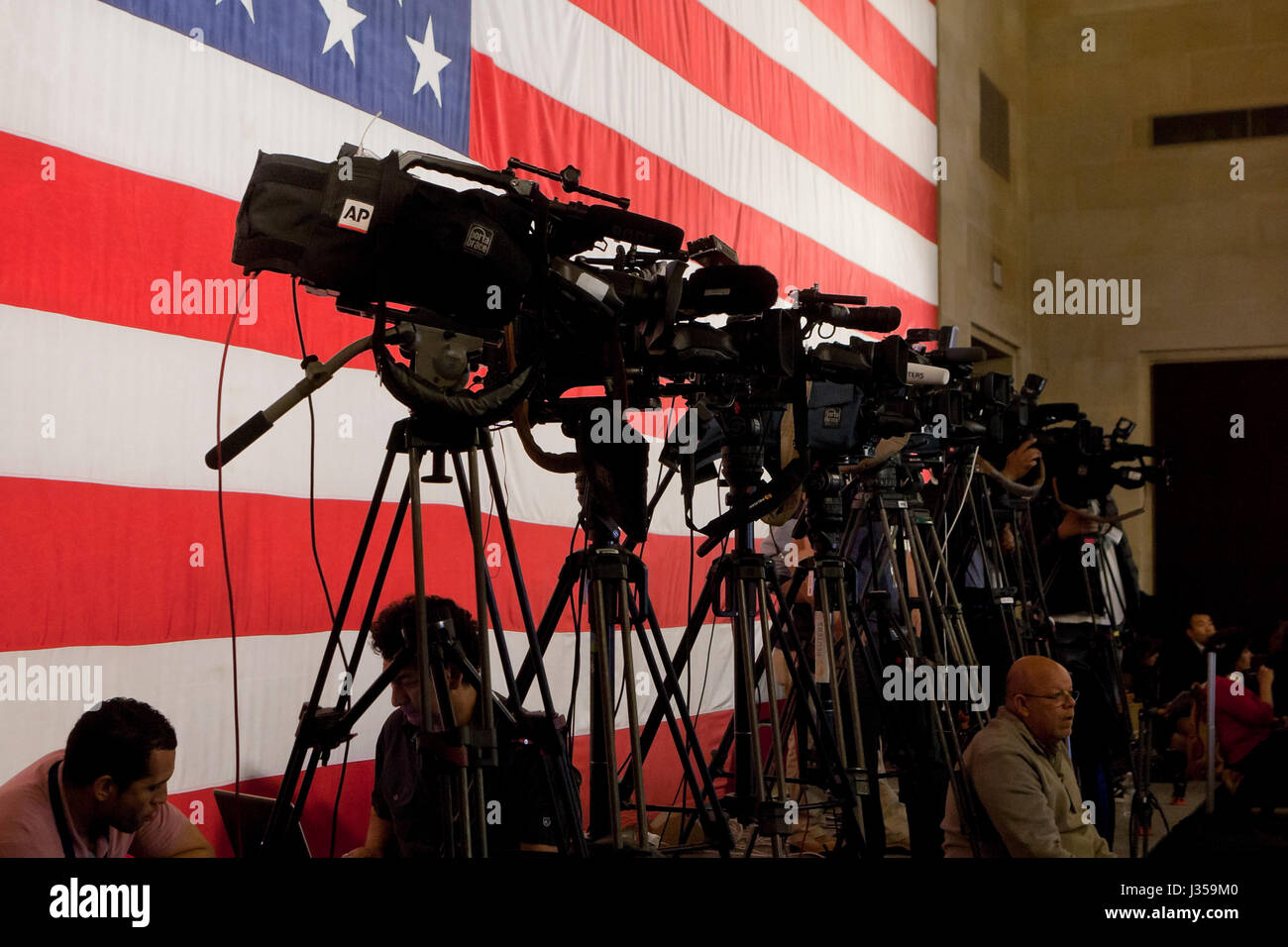 News cameras set up during press event - USA Stock Photo