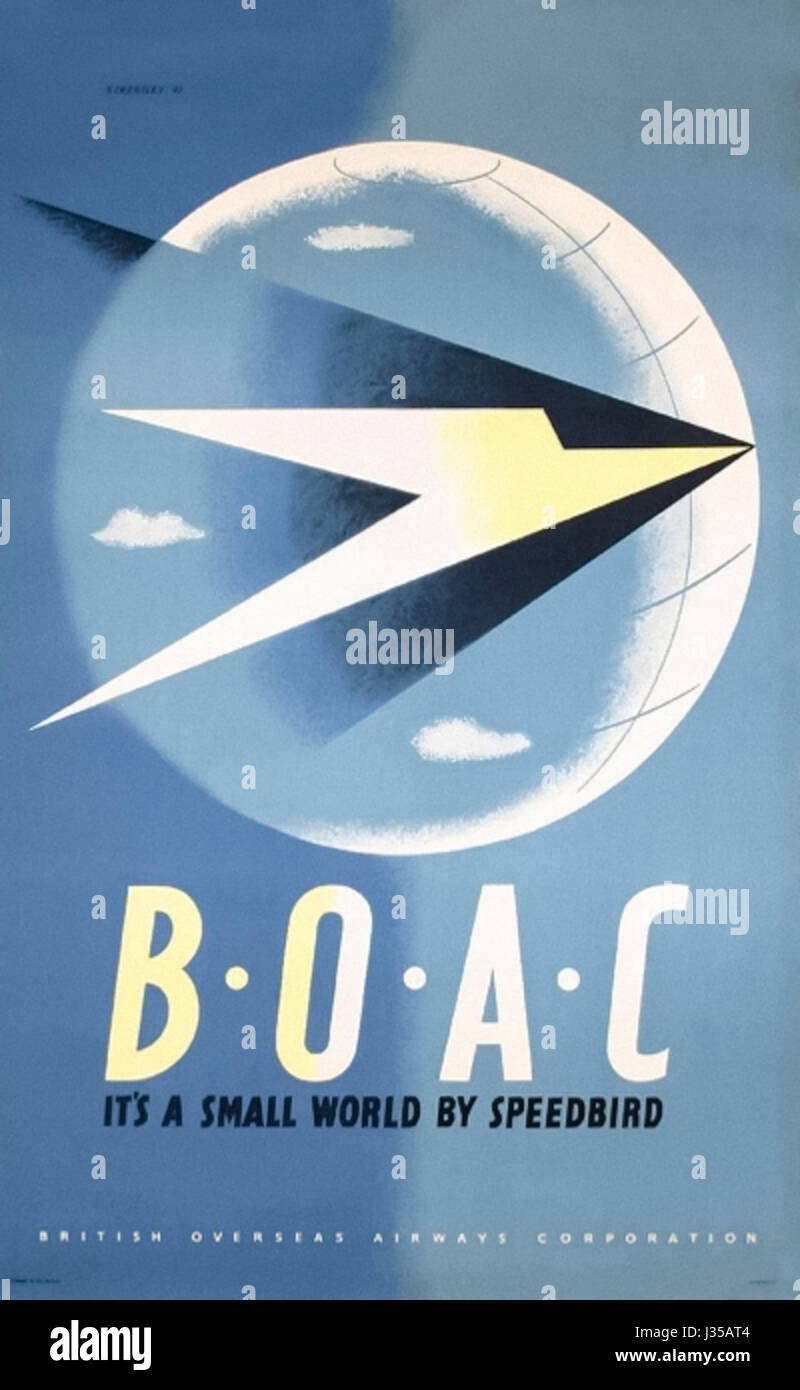 ‘BOAC It’s a Small World by Speedbird’ 1947 British Overseas Airways Corporation Poster. Artwork by Tom Eckersley (1914-1997) featuring the Art Deco Speedbird logo designed by Theyre Lee-Elliott (1903-1988). Stock Photo