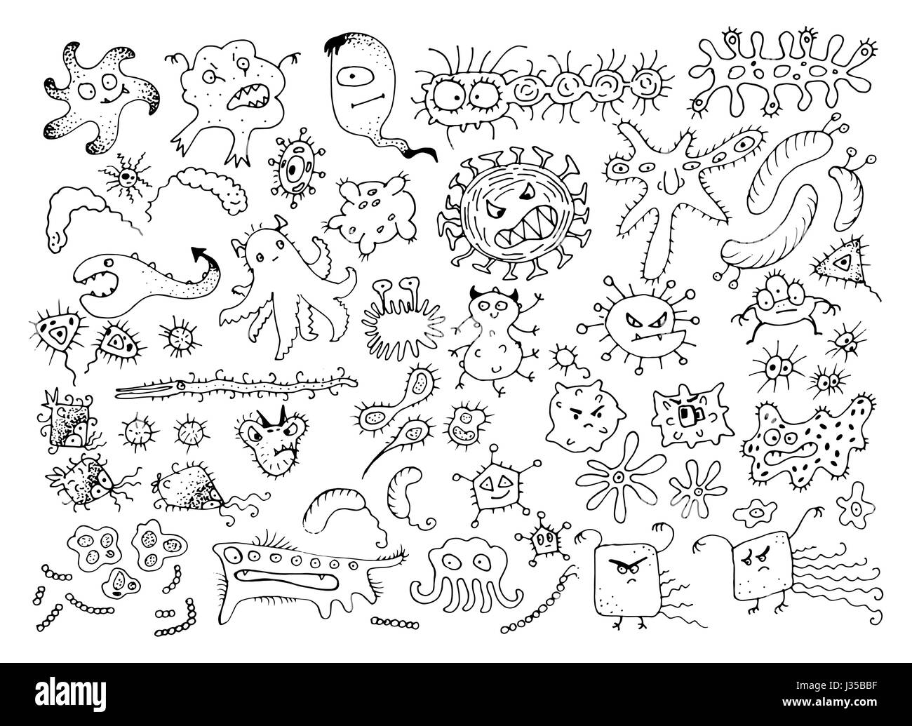 Set of Vector Doodle Bacteria Germs or Cartoon Monsters. Hand Drawn Viruses Collection Isolated on White Background Stock Vector
