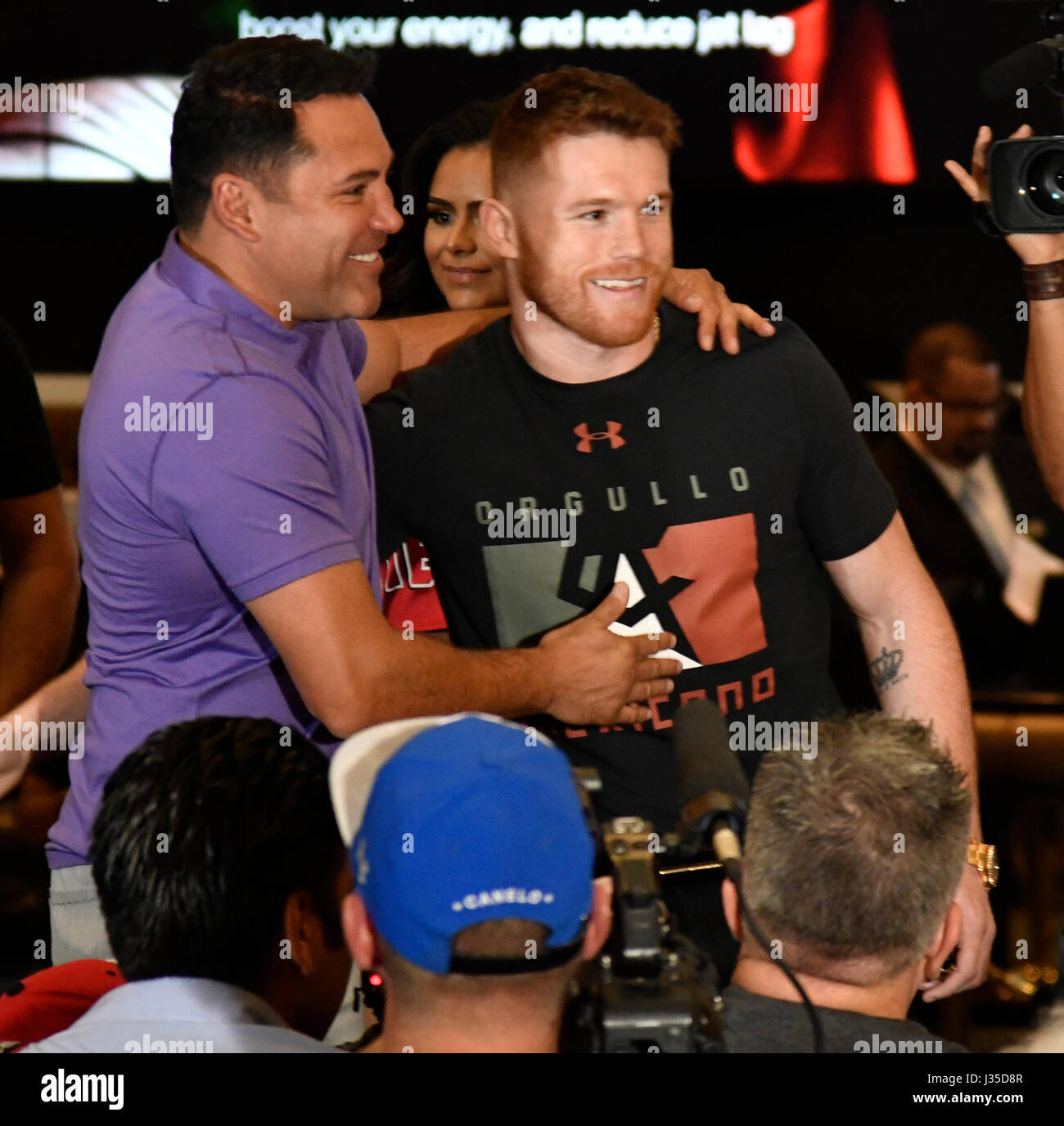 Las Vegas NV, USA. 2nd May, 2017. Mexico's Canelo Alvarez arrives at talks about the big fight at the MGM grand hotel Tuesday. Canelo Alvarez will be fighting Mexico's Chavez, Jr. May 6th at the T-Mobile arena in Las Vegas. Photo by Gene Blevins/LA DailyNews/LA DailyNews/SCNG Credit: Gene Blevins/ZUMA Wire/Alamy Live News Stock Photo