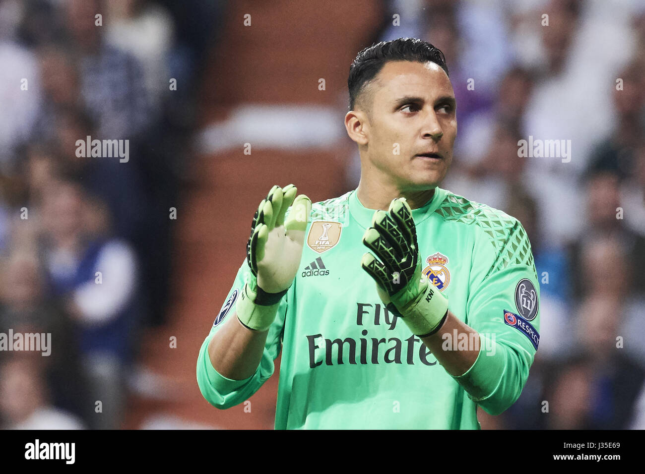 Madrid, Spain. 2nd May, 2017. Keylor Navas (goalkeeper; Real Madrid) in  action during the Champions League, semifinal match between Real Madrid and  Atletico de Madrid at Santiago Bernabeu Stadium on May 2,