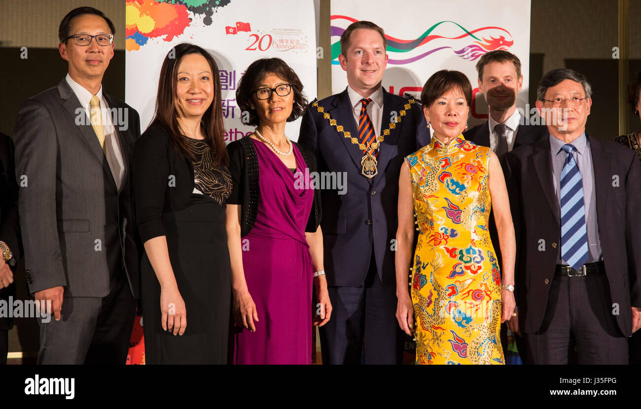 London, UK. 2nd May, 2017. Steve Summers, the Lord Mayor of Westminster (centre) poses with organisers, sponsors and leaders of the London Chinese community. The Hong Kong Fashion Designers Showcase takes place at the London Hilton featuring clothes by Daniel Poole, Daydream Nation, Injury and Kenaxleung with accessories by Jaycow and ZO-EE. The event was organised by the Hong Kong Executives Club and the Chinese Community Centre. Credit: Vibrant Pictures/Alamy Live News Stock Photo