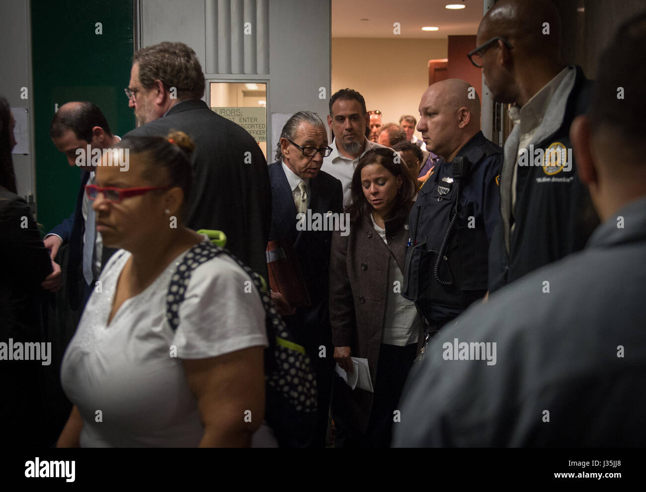 New York, NY, USA. 2nd May, 2017. Attorney SANFORD RUBENSTEIN escorts Nancy Rodriguez from the courthouse after Domonic Whilby is sentenced at Manhattan Supreme Court after being convicted of aggravated vehicular homicide in the death of her husband, Bus Operator William Pena, May 2, 2017 in New York. Credit: Bryan Smith/ZUMA Wire/Alamy Live News Stock Photo