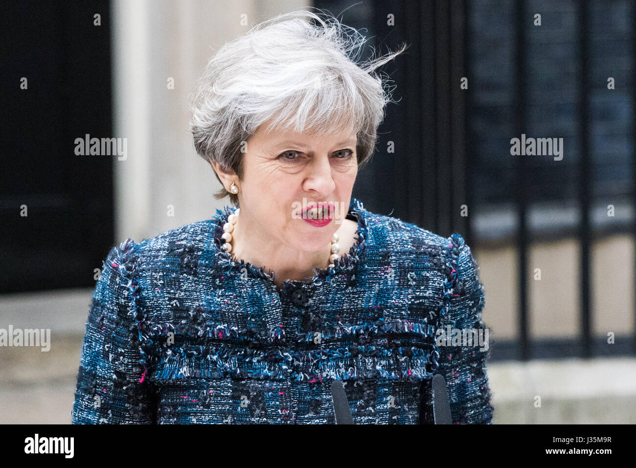 Downing Street, London, May 3rd 2017. British Prime Minister Theresa May addresses the press outside 10 Downing Street following her visit to Buckingham Palace to seek the Queen's permission to dissolve Parliament ahead of the general election to be held on June 8th 2017. Credit: Paul Davey/Alamy Live News Stock Photo