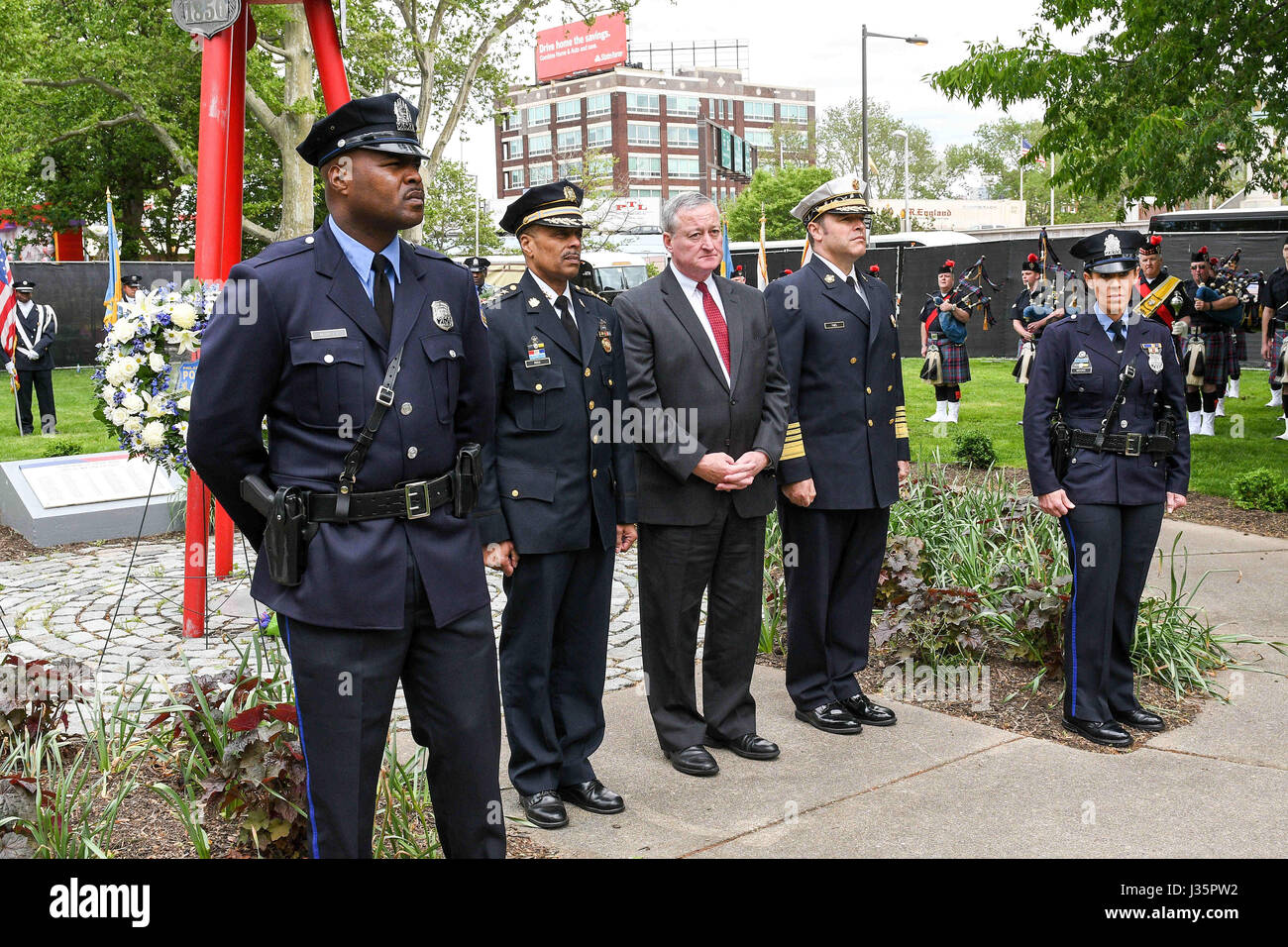 Philadelphia, Pennsylvania, USA. 3rd May, 2017. Philadelphia Mayor, JIM KENNEY, Police Commissioner, RICHARD J ROSS Jr, and Fire Commissioner, ADAM THIEL, at the memorial.The City of Philadelphia Living Flame Memorial Service honors Philadelphia Police Officers and Fire Fighters who have lost their lives in the line of duty in Philadelphia PA Credit: Ricky Fitchett/ZUMA Wire/Alamy Live News Stock Photo