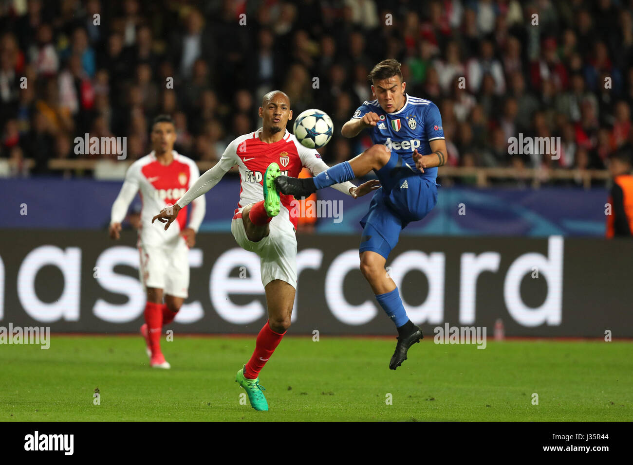 Monaco, Monaco. 3rd May, 2017. PAULO DYBALA of Juventus duels for the ball  with FABINHO of Monaco during the UEFA Champions League semi final football  match, 1st leg, between AS Monaco and